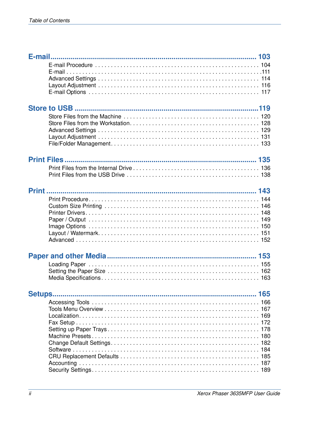 Xerox 3635MFP/S manual Mail 103, Store to USB, Print Files 135, Print 143, Paper and other Media 153, Setups 165 