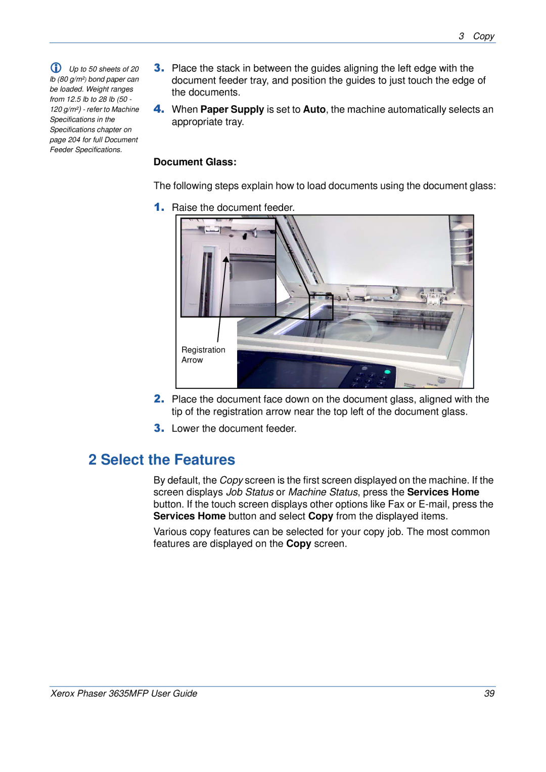 Xerox 3635MFP/S manual Select the Features, Document Glass 