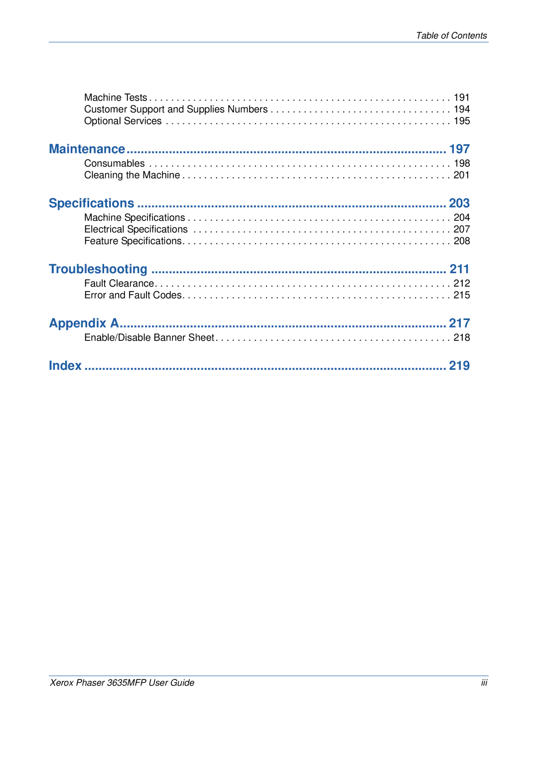 Xerox 3635MFP/S manual Maintenance 197, Specifications 203, Troubleshooting 211, Appendix a 217, Index 219 