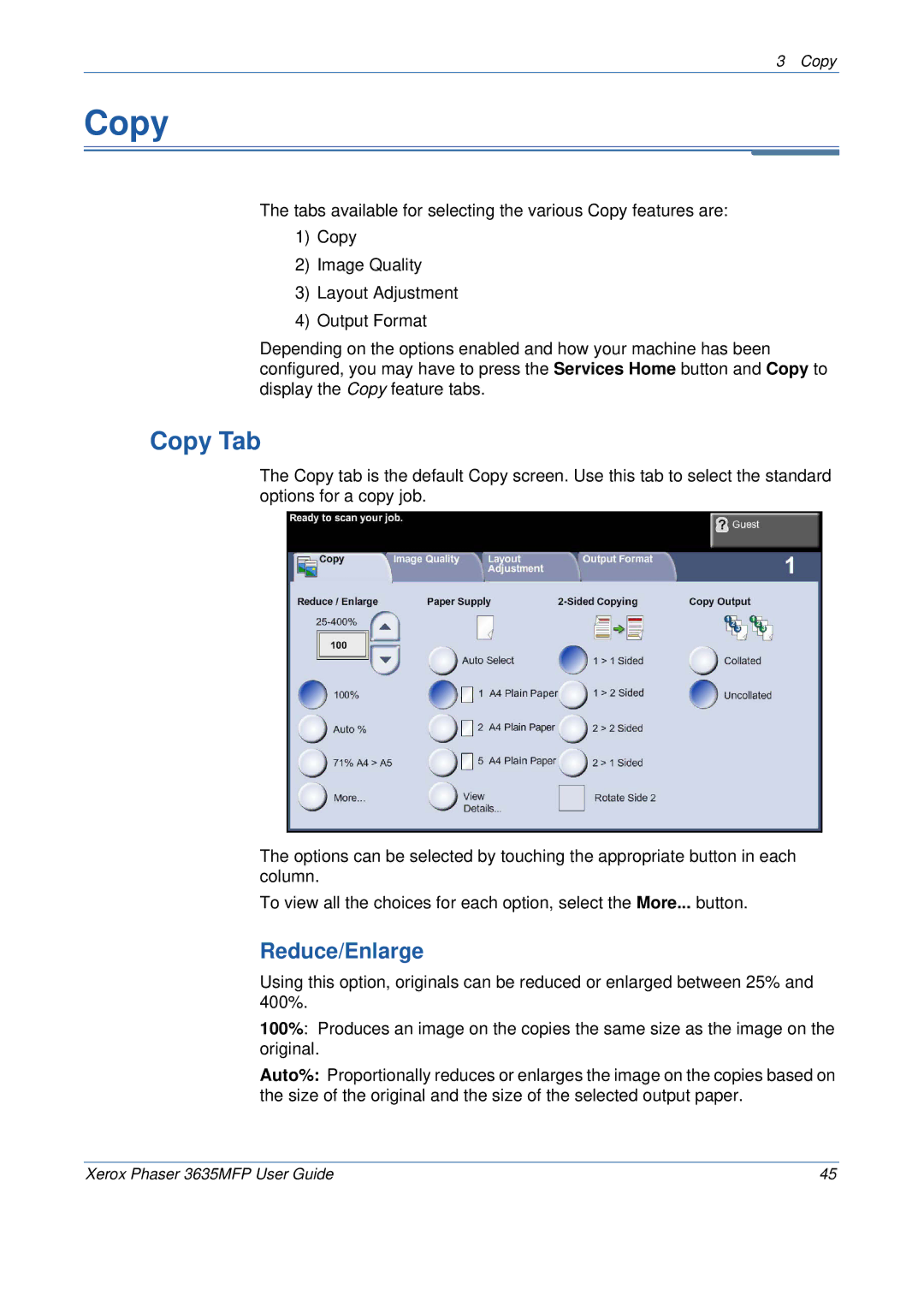 Xerox 3635MFP/S manual Copy Tab, Reduce/Enlarge 