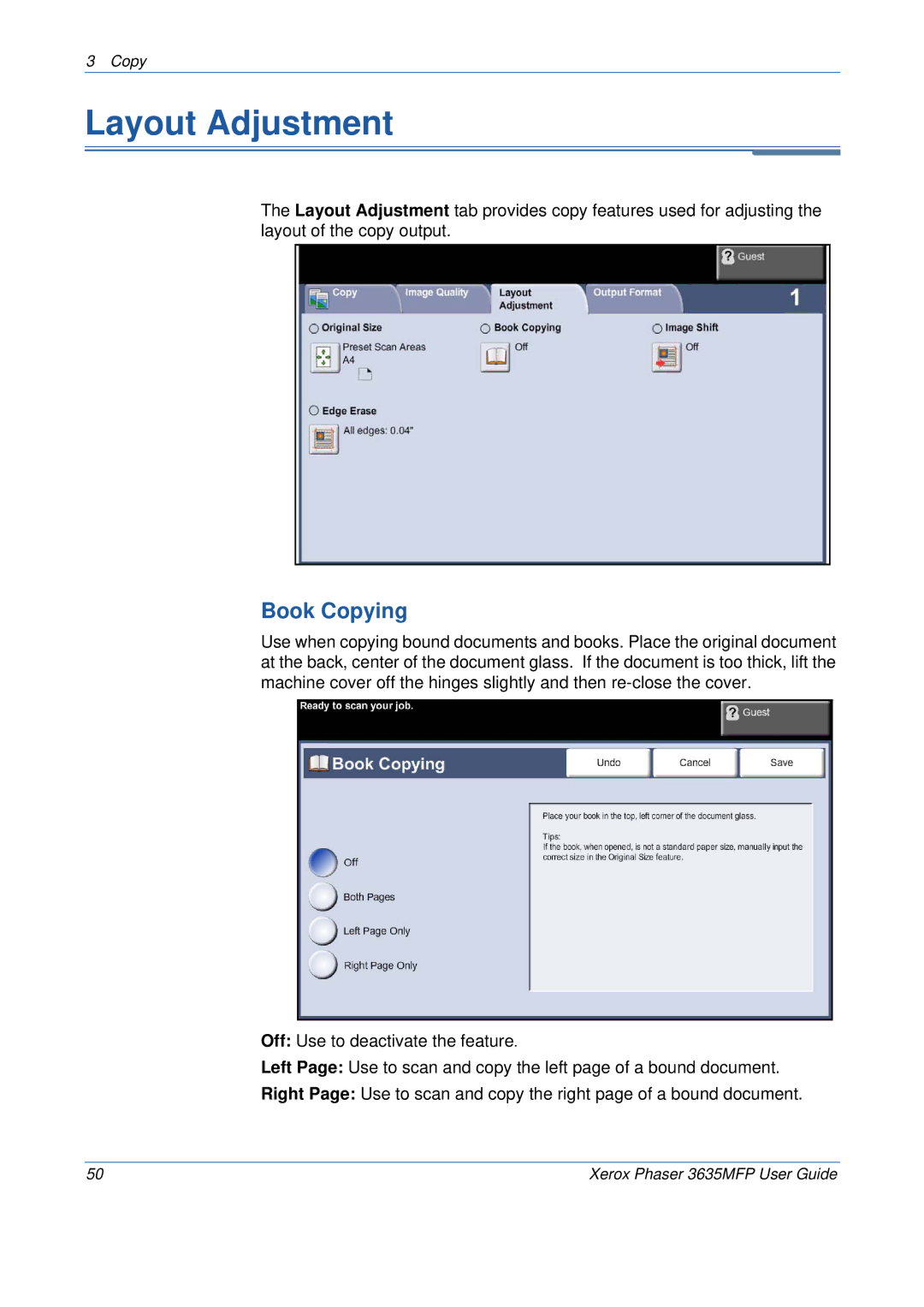 Xerox 3635MFP/S manual Layout Adjustment, Book Copying 