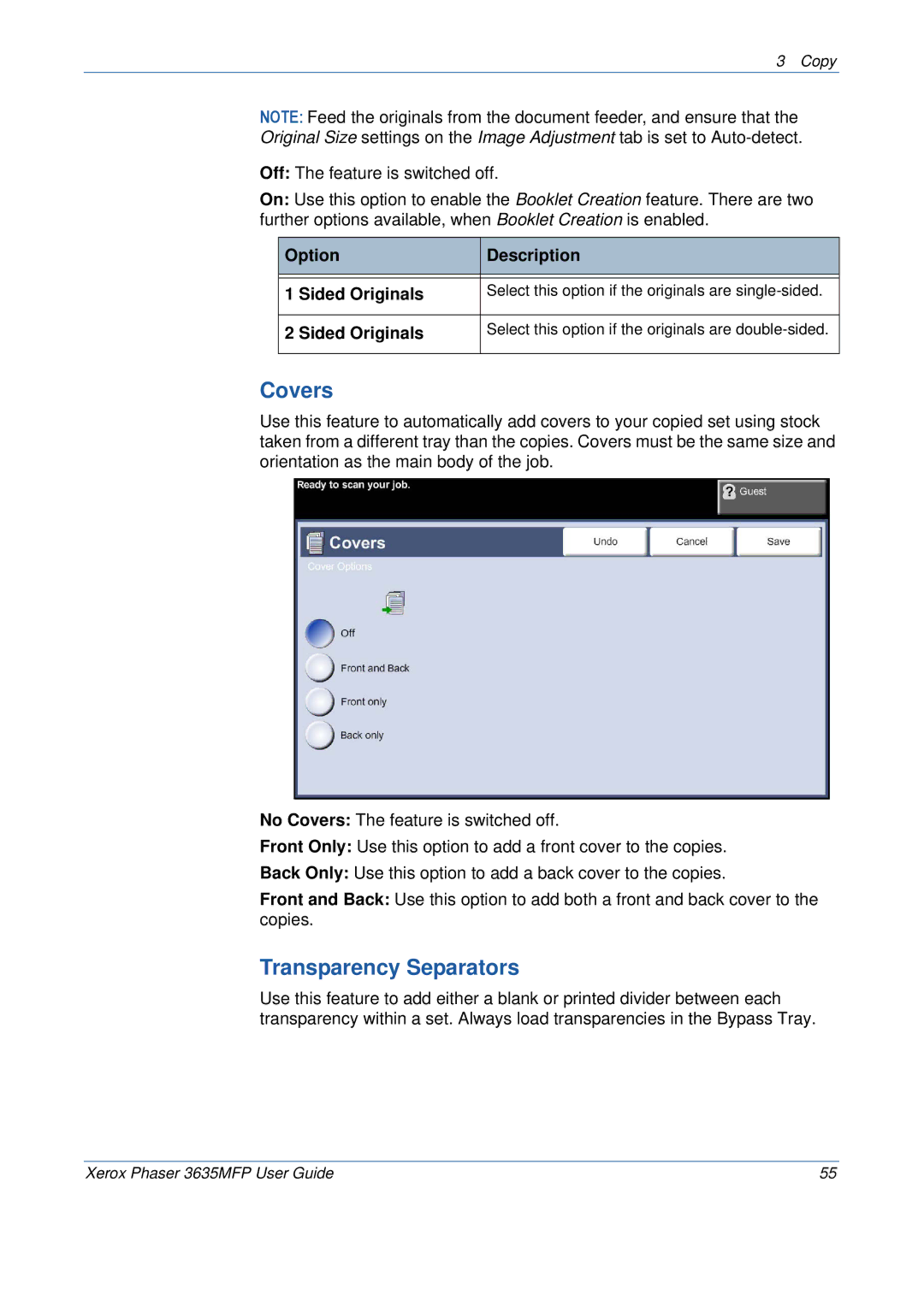 Xerox 3635MFP/S manual Covers, Transparency Separators, Option Description Sided Originals 