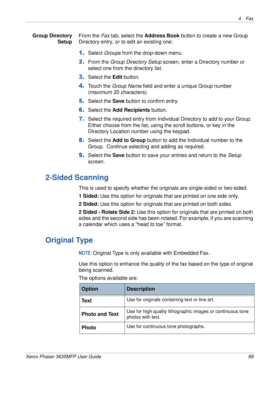 Xerox 3635MFP/S manual Sided Scanning, Original Type, Option Description Text 