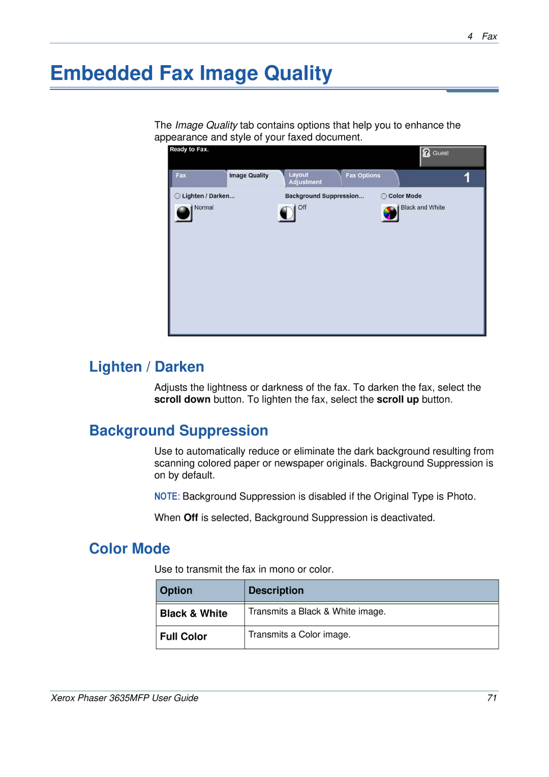 Xerox 3635MFP/S manual Embedded Fax Image Quality, Lighten / Darken, Background Suppression, Color Mode 