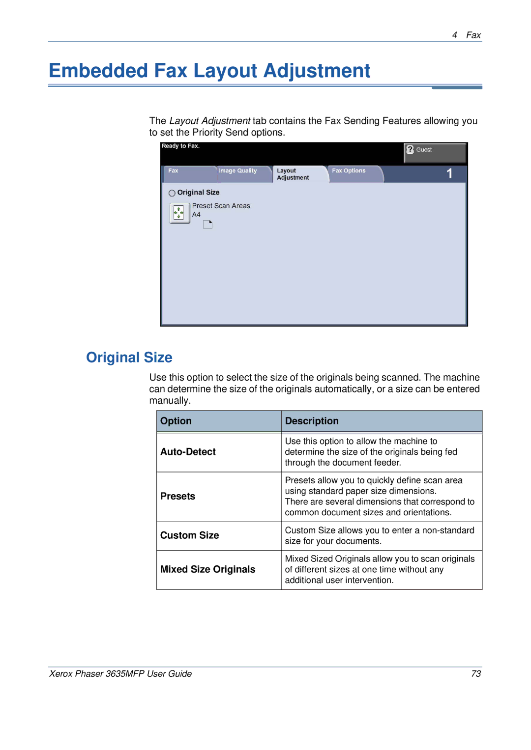 Xerox 3635MFP/S manual Embedded Fax Layout Adjustment, Original Size 