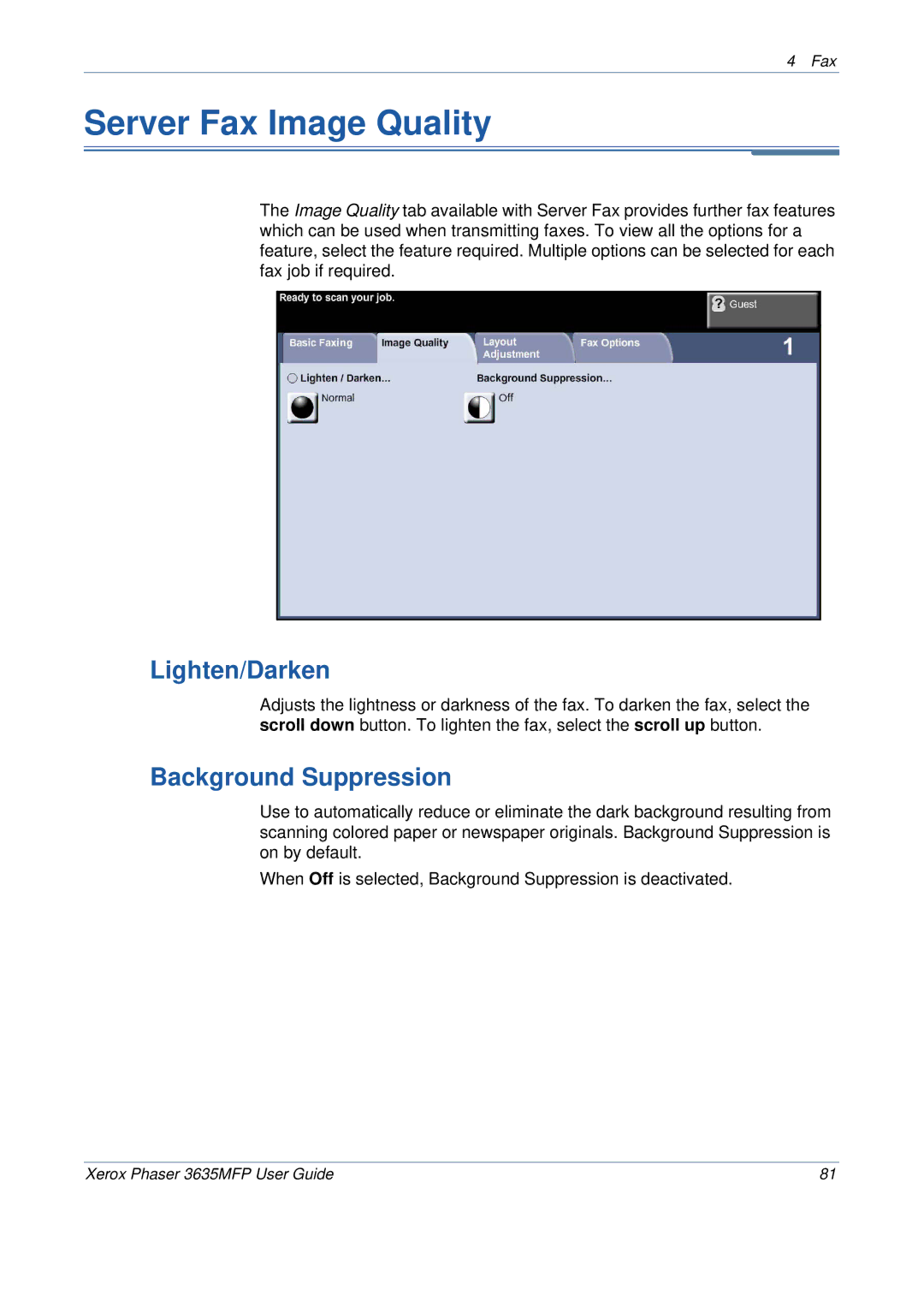 Xerox 3635MFP/S manual Server Fax Image Quality, Lighten/Darken 