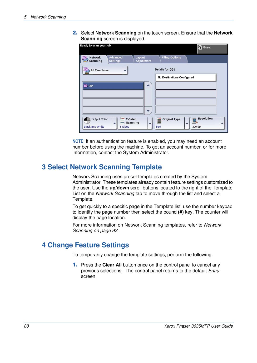 Xerox 3635MFP/S manual Select Network Scanning Template, Change Feature Settings 