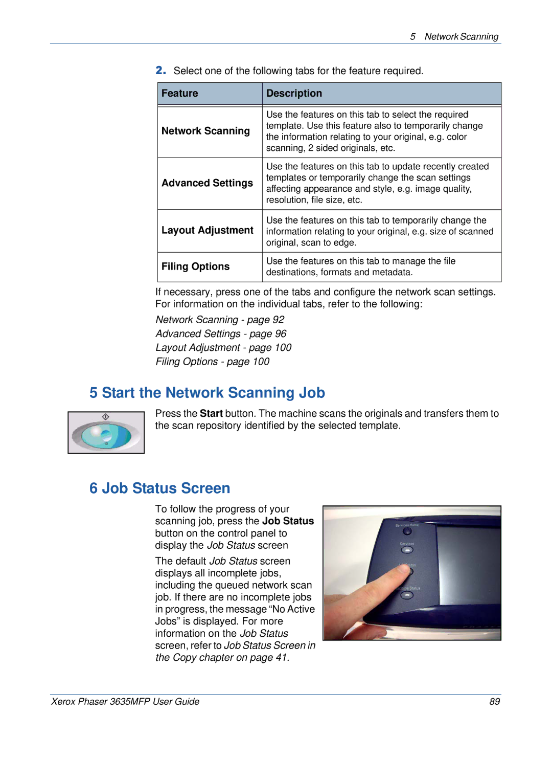 Xerox 3635MFP/S manual Start the Network Scanning Job, Advanced Settings, Filing Options 