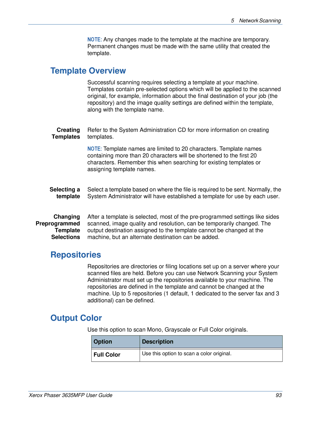 Xerox 3635MFP/S manual Template Overview, Repositories, Output Color, Option Description Full Color 