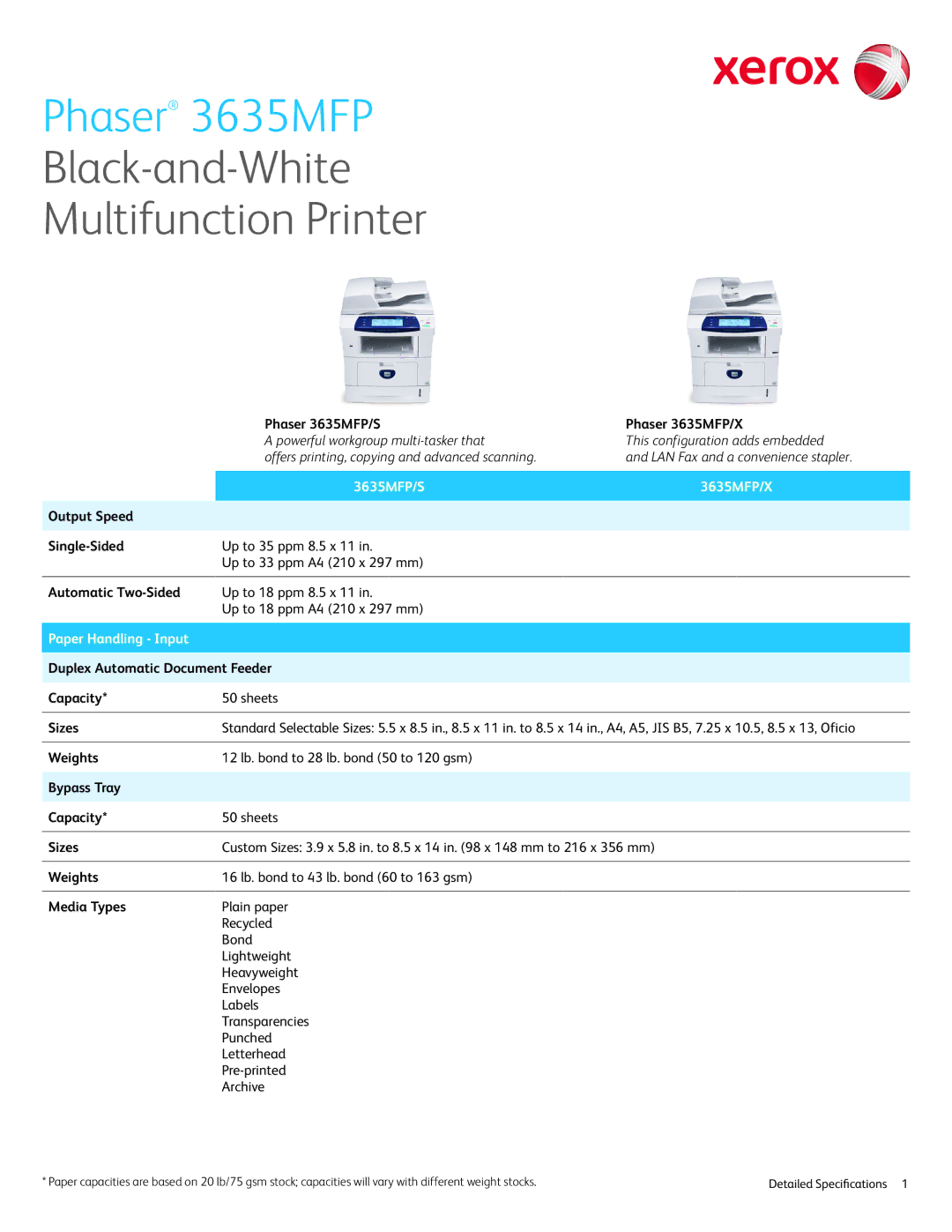 Xerox specifications 3635MFP/S 3635MFP/X, Paper Handling Input 