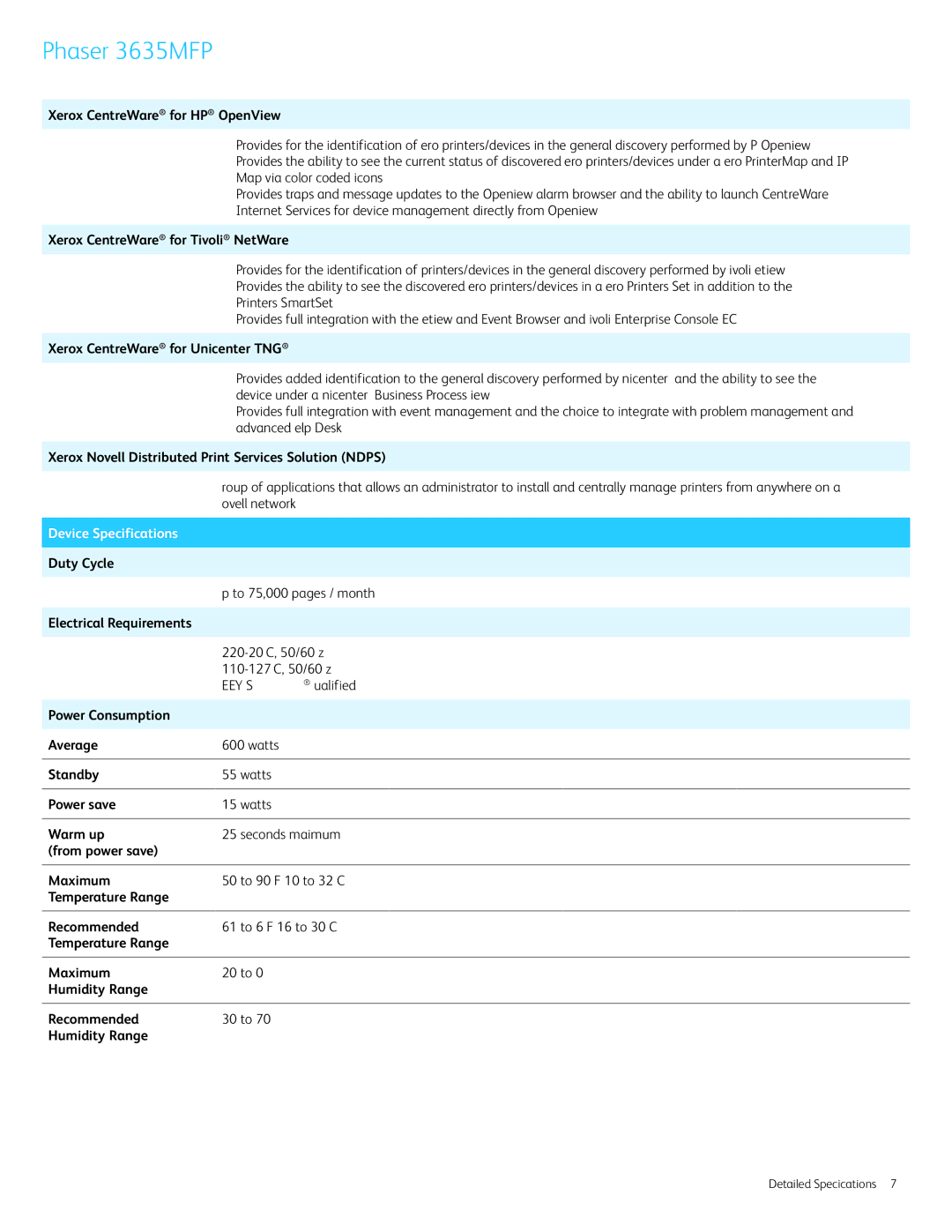 Xerox 3635MFP/X specifications Device Specifications 