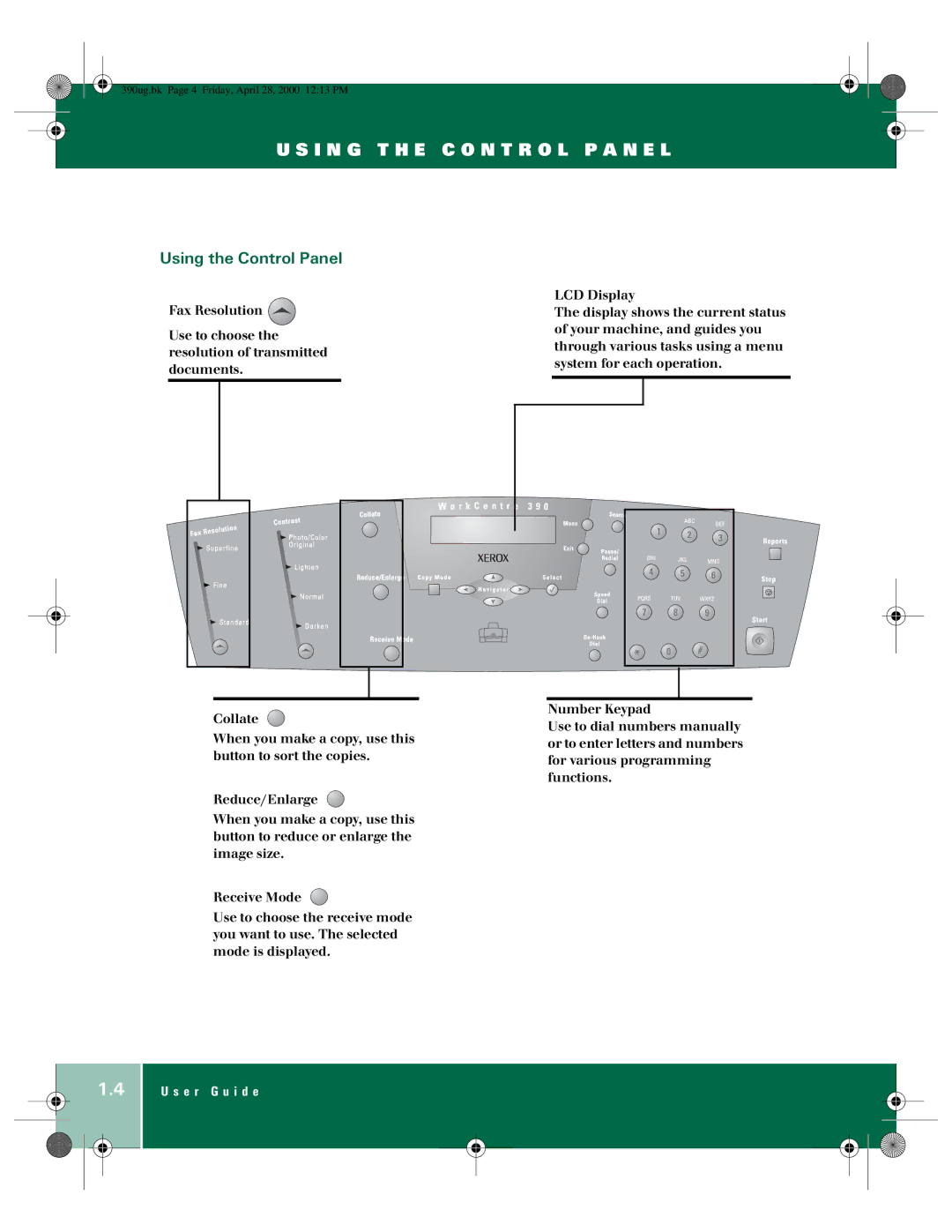 Xerox 390 manual I N G T H E C O N T R O L P a N E L, Using the Control Panel 