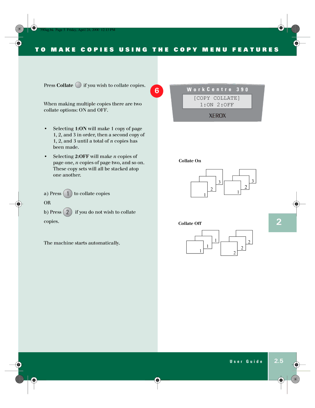 Xerox 390 manual Press Collate 