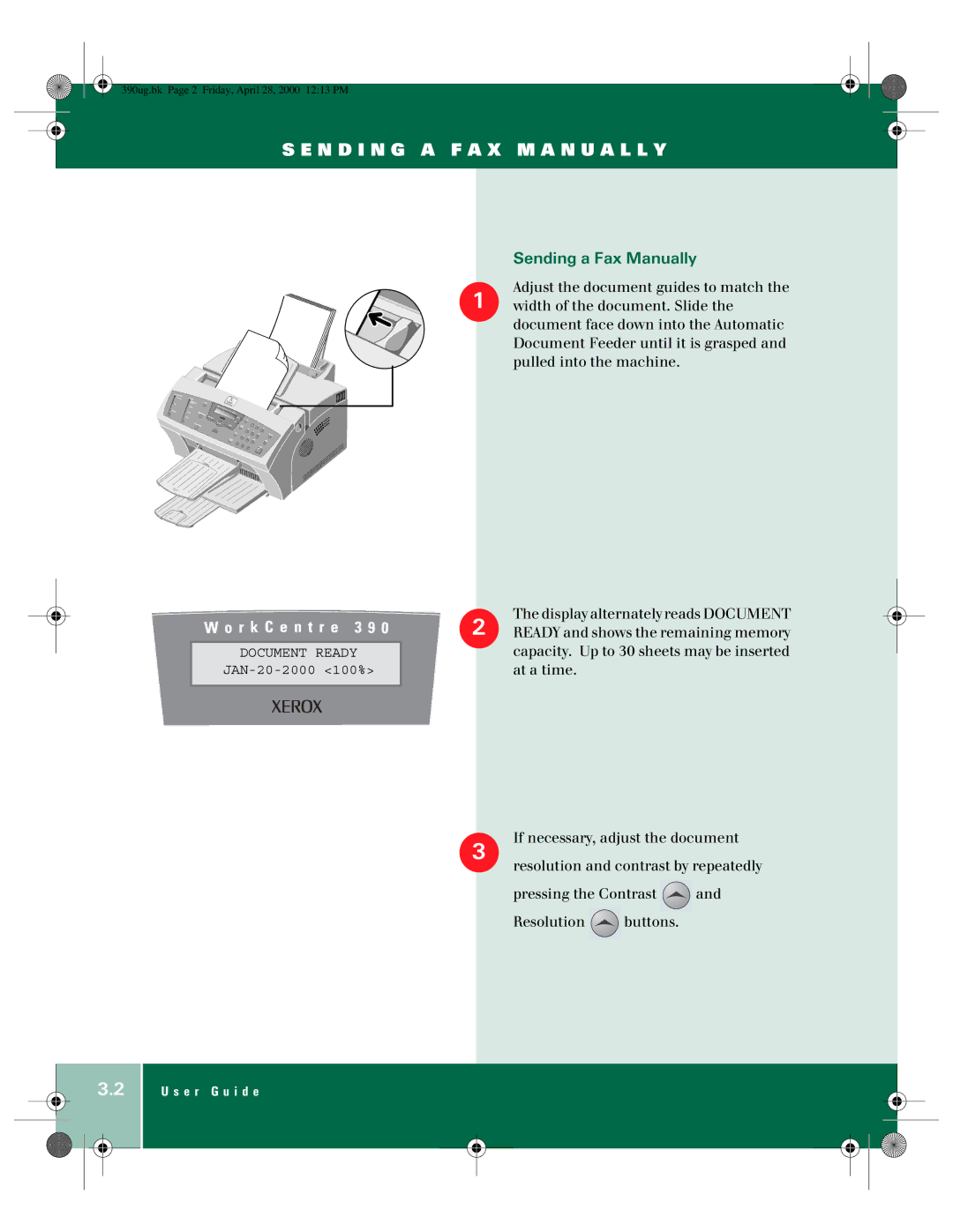 Xerox 390 manual N D I N G a F a X M a N U a L L Y, Sending a Fax Manually 