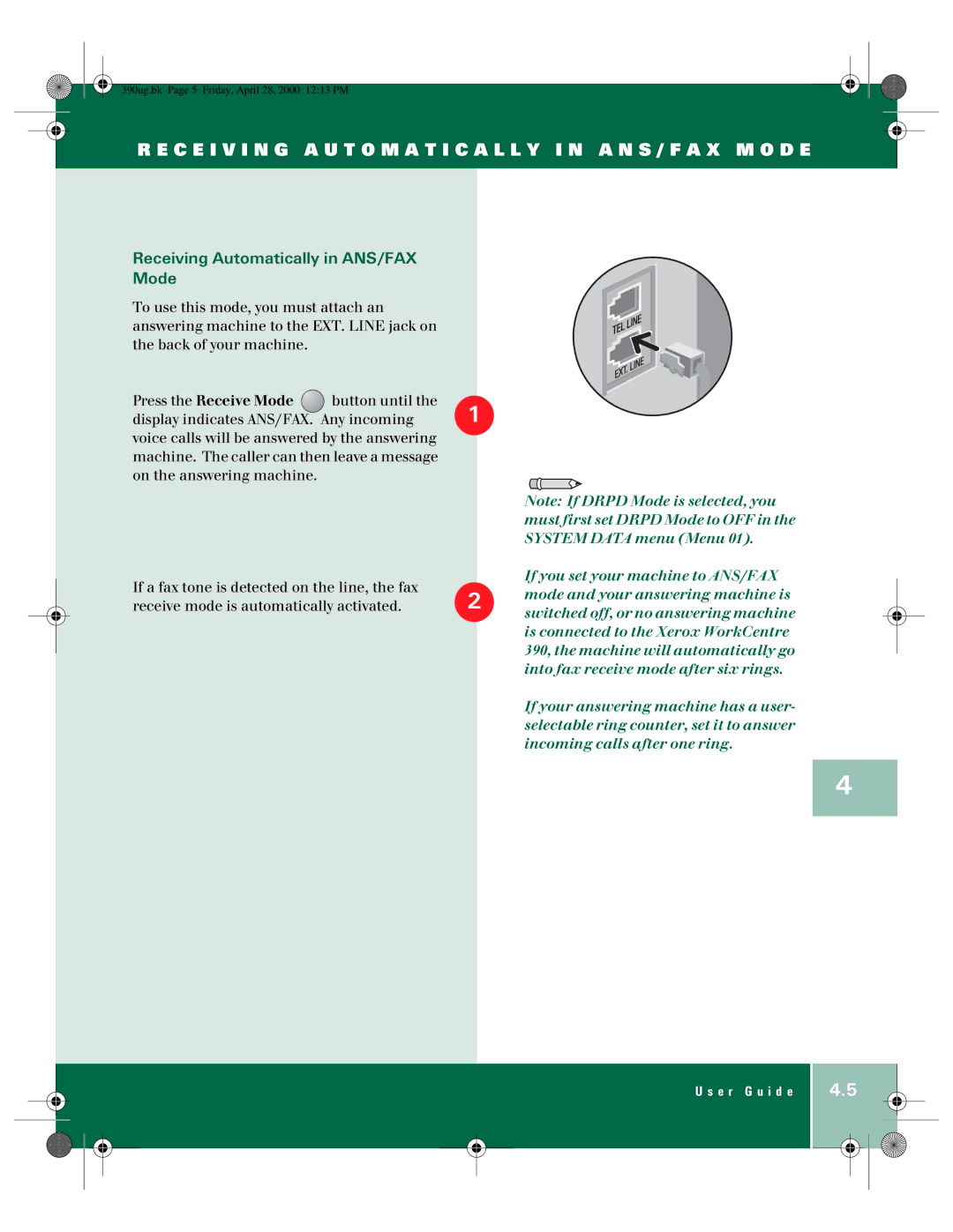 Xerox 390 manual Receiving Automatically in ANS/FAX Mode 