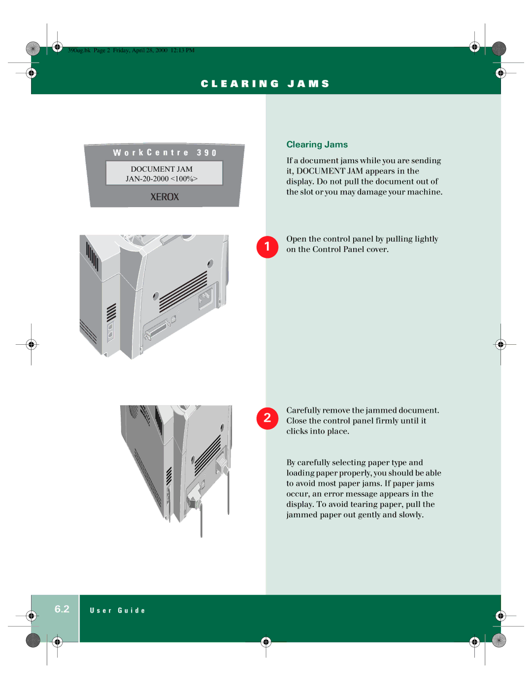 Xerox 390 manual E a R I N G J a M S, Clearing Jams 