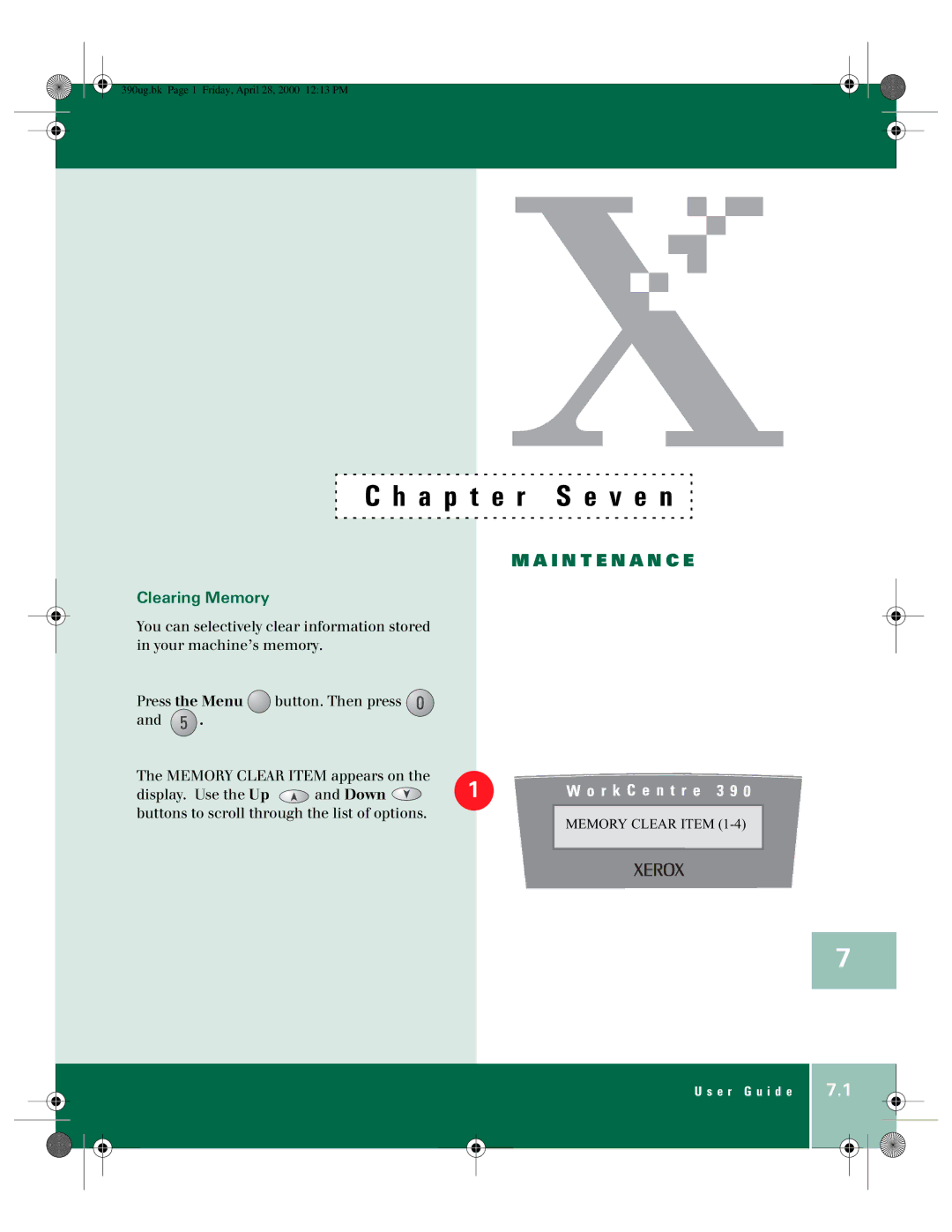 Xerox 390 manual A p t e r S E n, Clearing Memory 