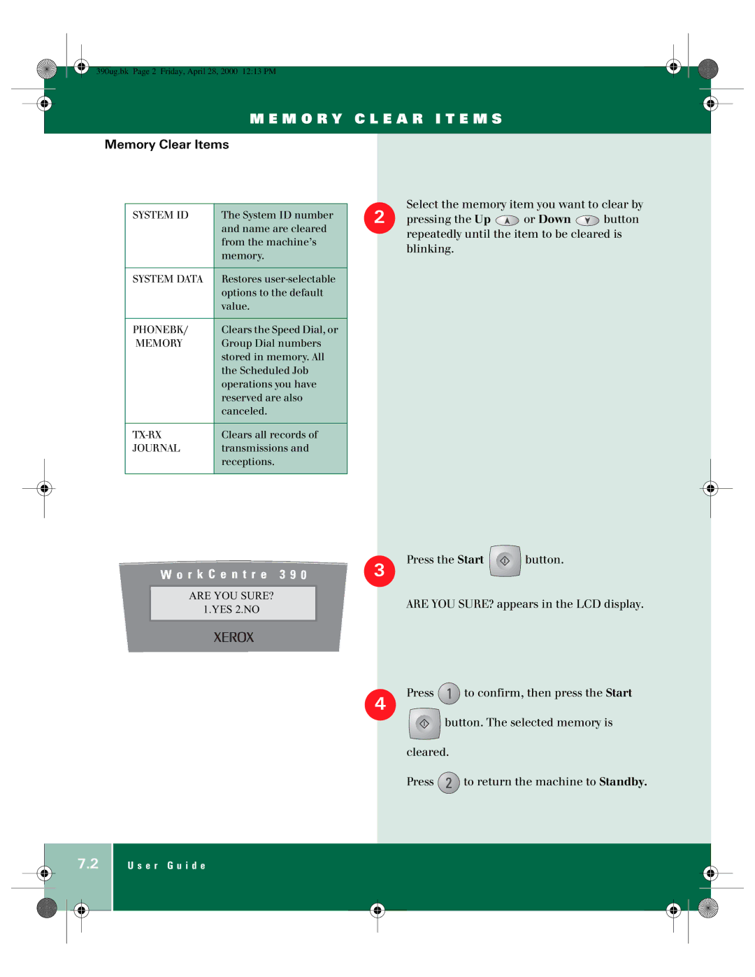 Xerox 390 manual M O R Y C L E a R I T E M S, Memory Clear Items 