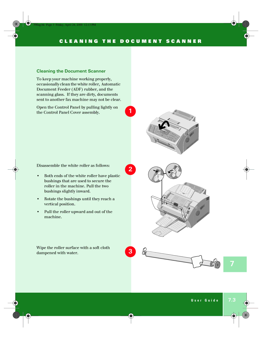 Xerox 390 manual E a N I N G T H E D O C U M E N T S C a N N E R, Cleaning the Document Scanner 