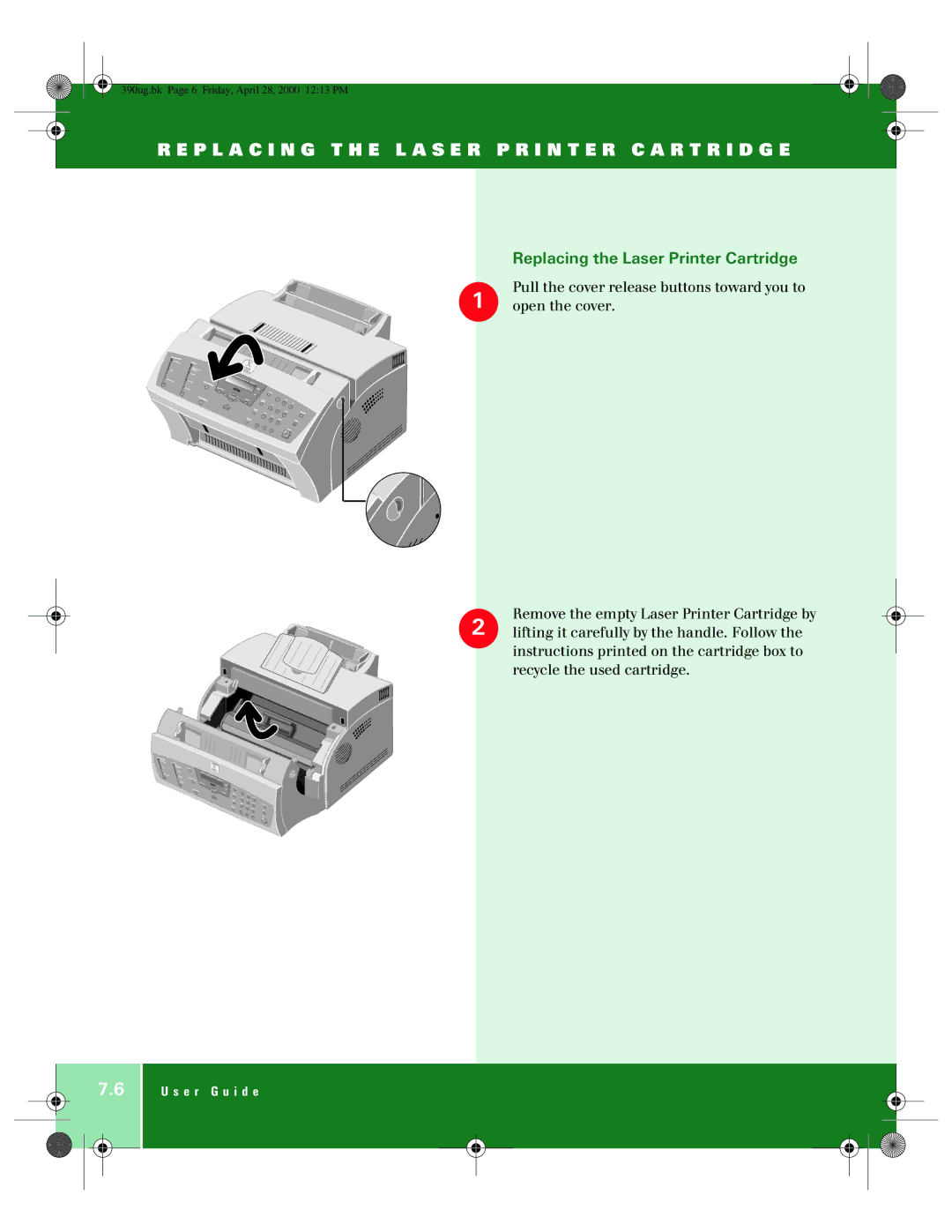 Xerox 390 manual Replacing the Laser Printer Cartridge 