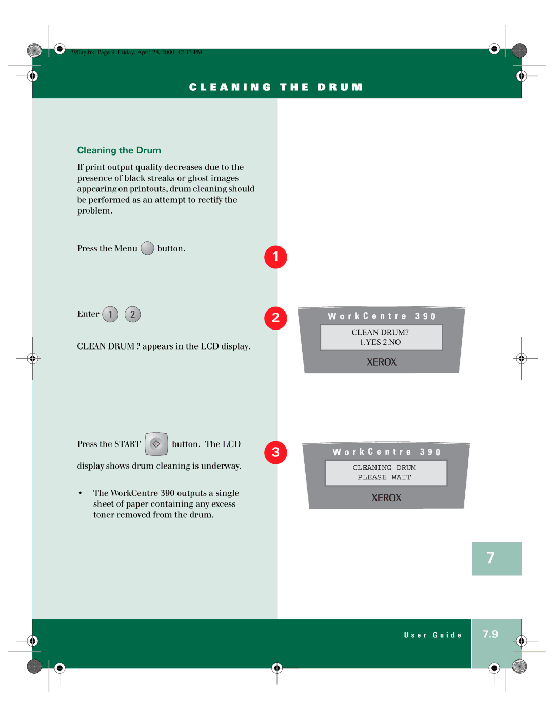 Xerox 390 manual E a N I N G T H E D R U M, Cleaning the Drum 