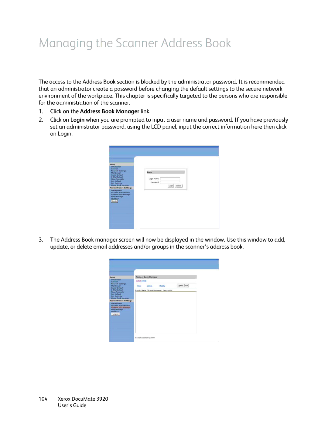 Xerox 3920 manual Managing the Scanner Address Book, Click on the Address Book Manager link 