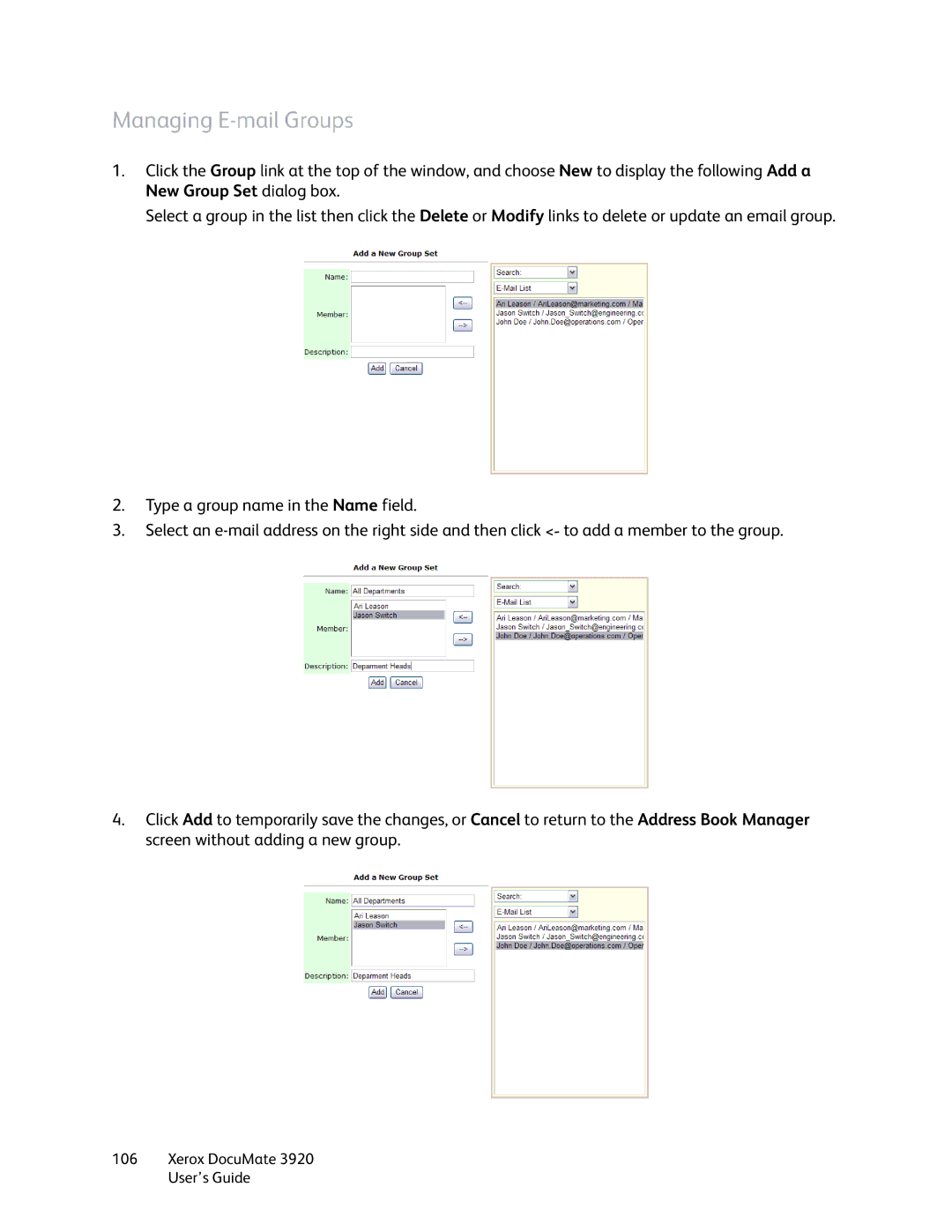 Xerox 3920 manual Managing E-mail Groups 