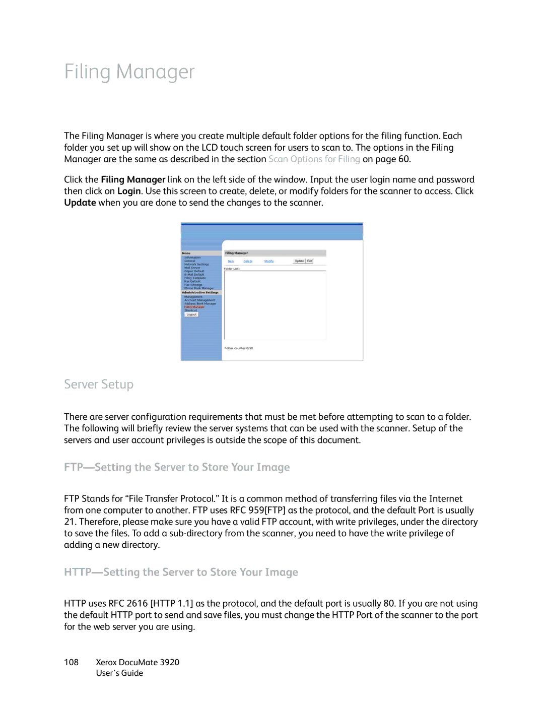 Xerox 3920 manual Filing Manager, Server Setup 