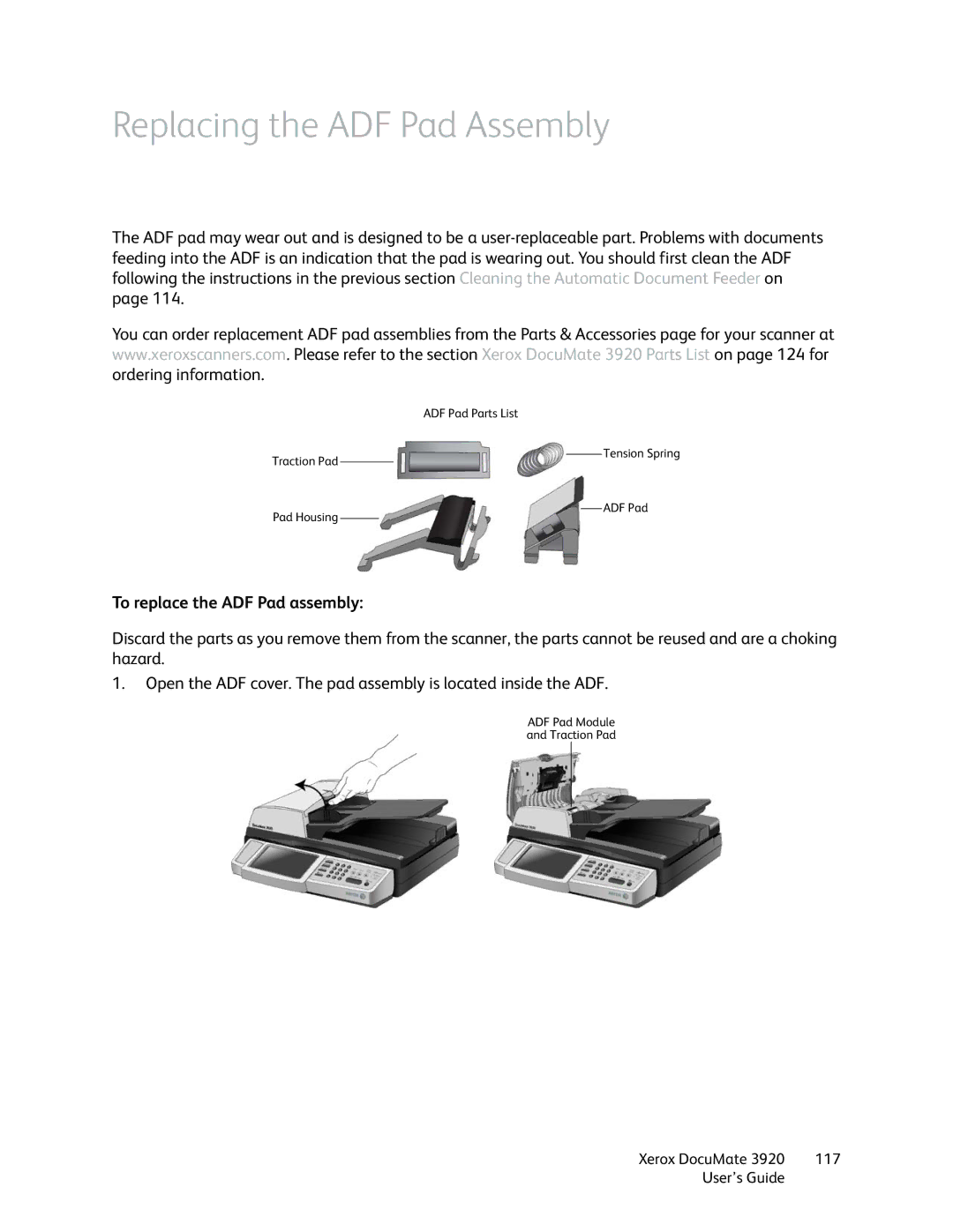 Xerox 3920 manual Replacing the ADF Pad Assembly, To replace the ADF Pad assembly 