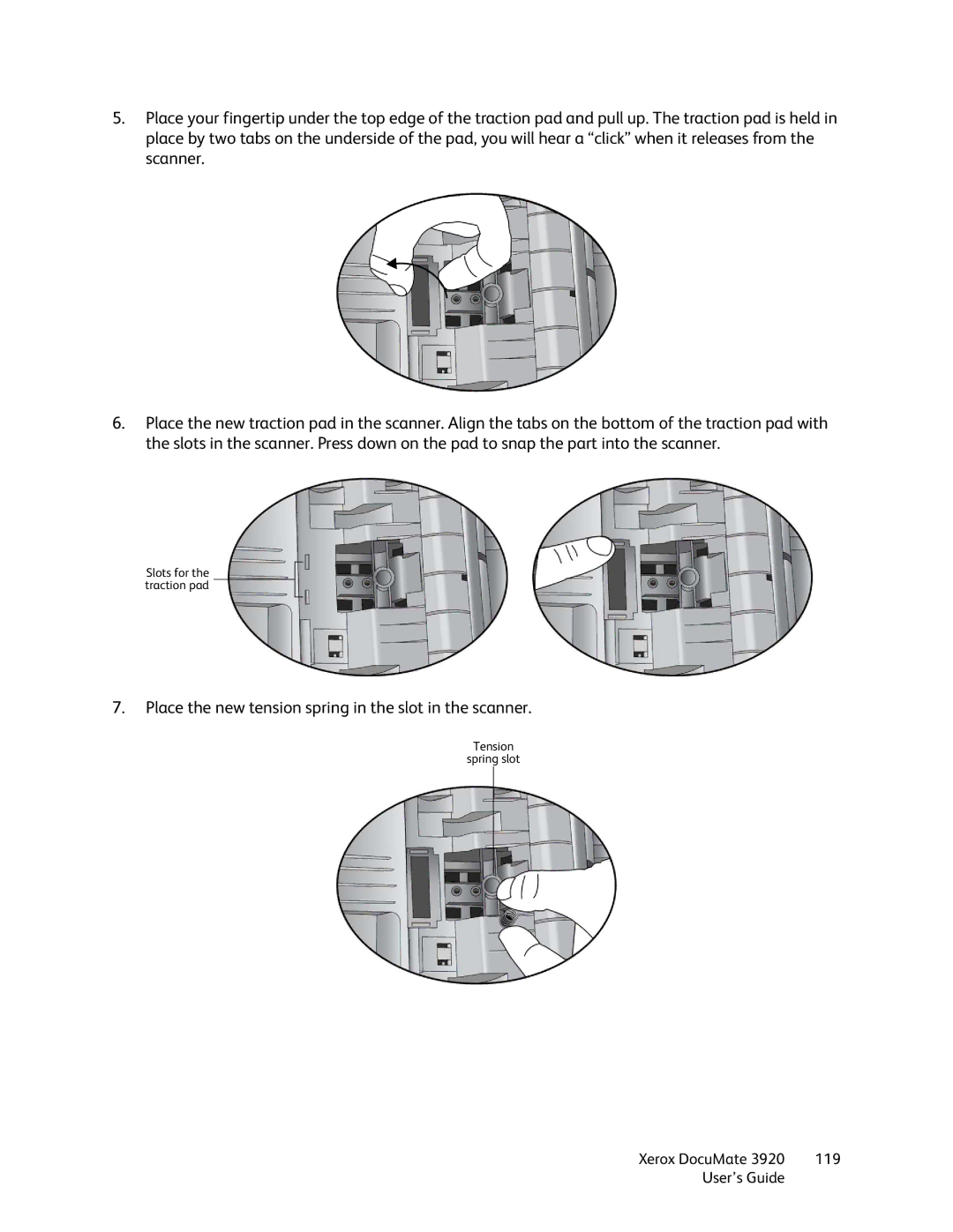 Xerox 3920 manual Place the new tension spring in the slot in the scanner 