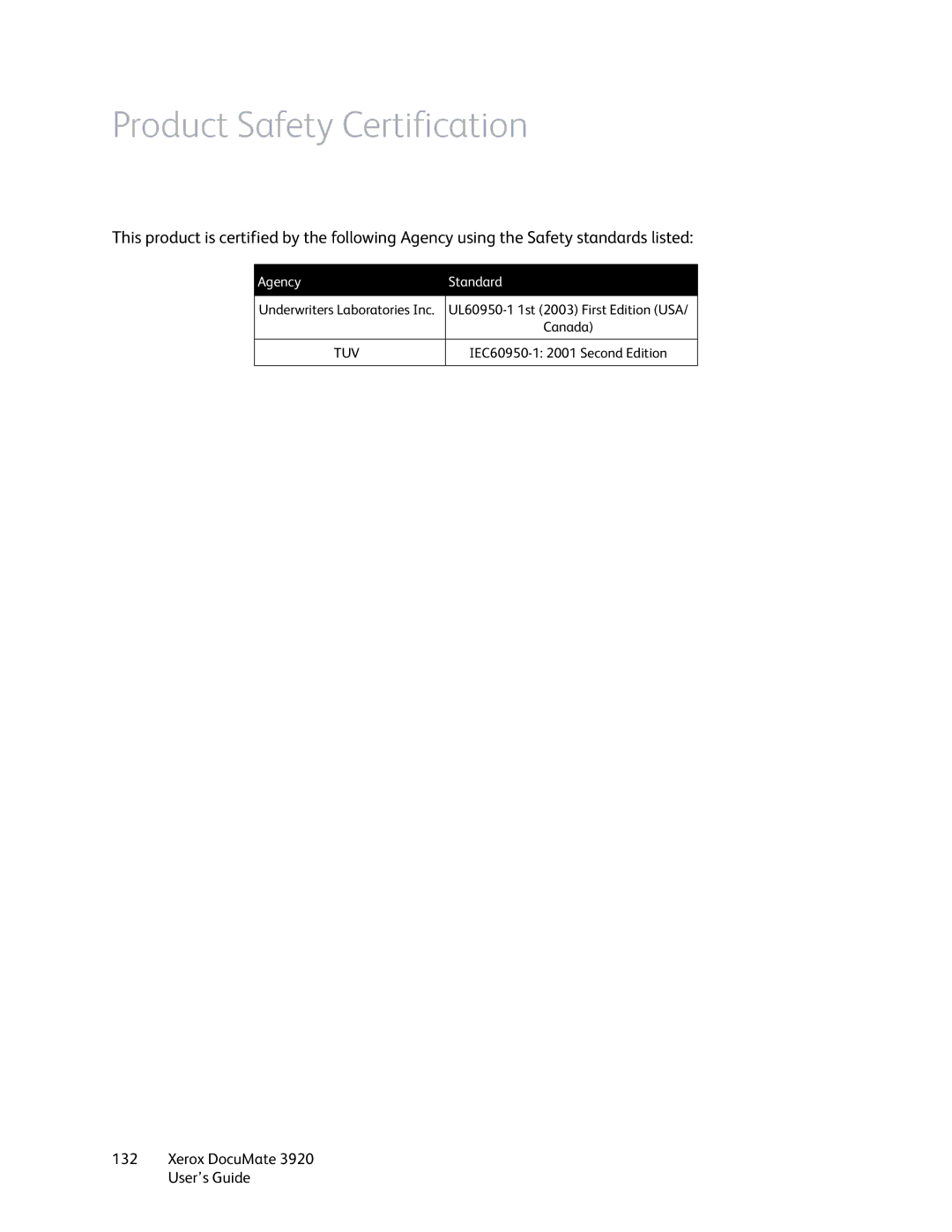 Xerox 3920 manual Product Safety Certification 