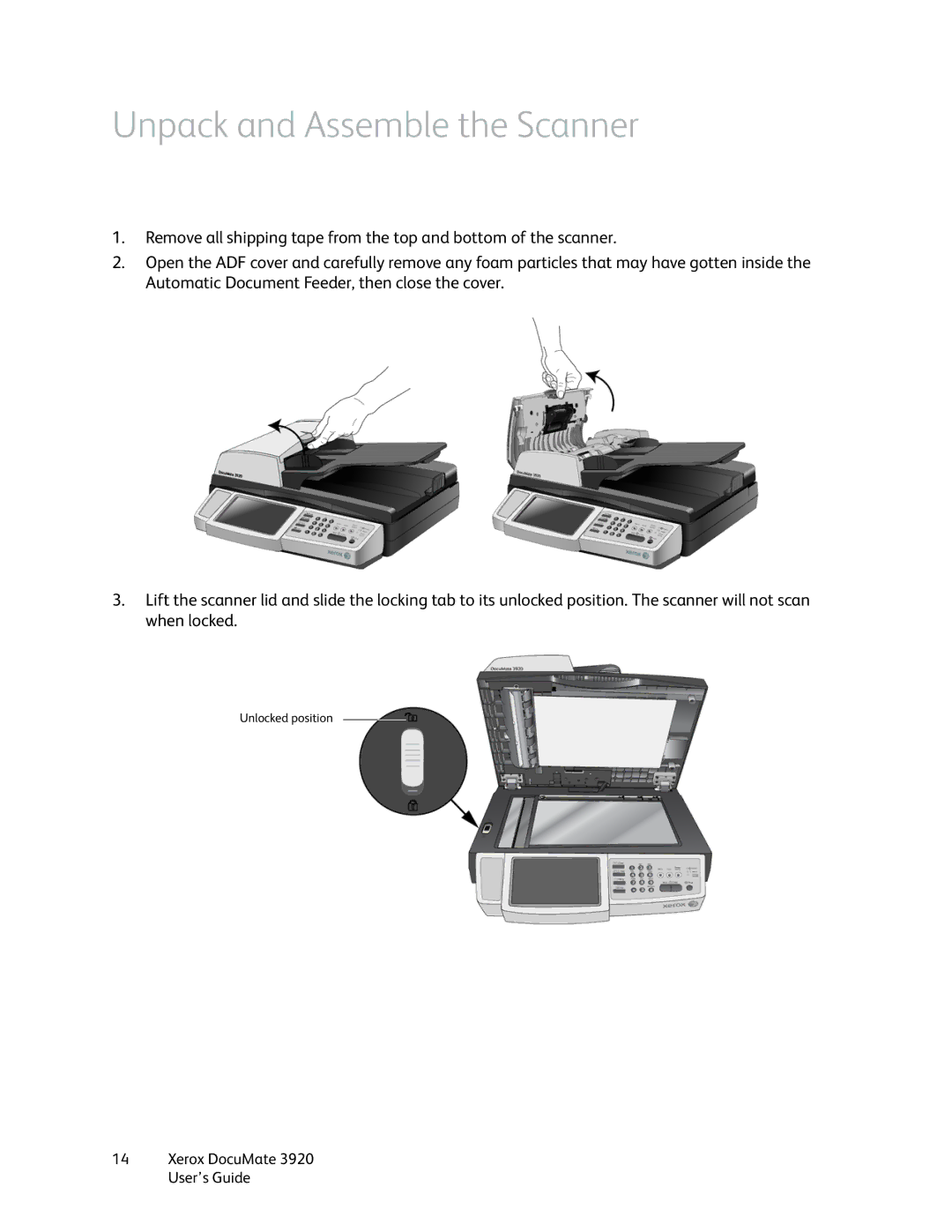 Xerox 3920 manual Unpack and Assemble the Scanner 