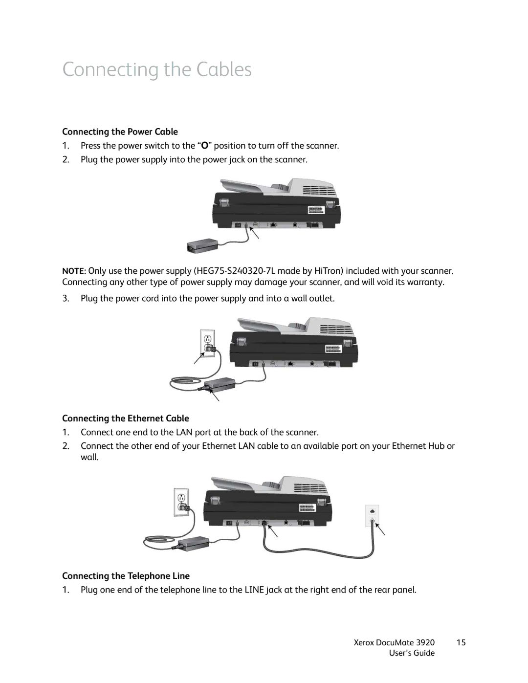 Xerox 3920 Connecting the Cables, Connecting the Power Cable, Connecting the Ethernet Cable, Connecting the Telephone Line 