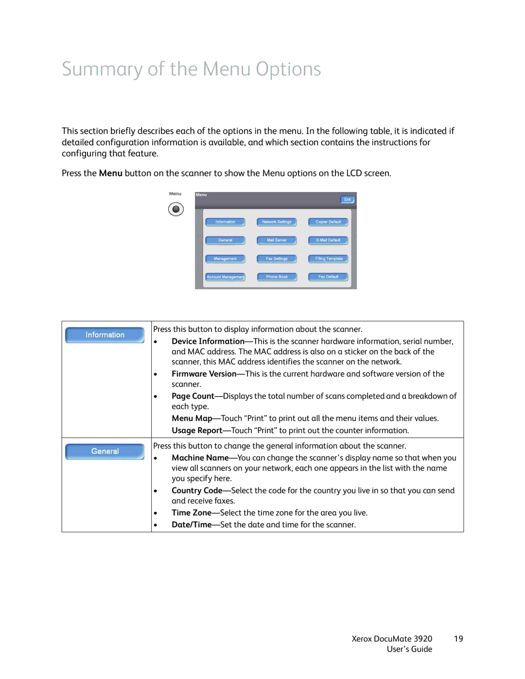 Xerox 3920 manual Summary of the Menu Options, Press this button to display information about the scanner 