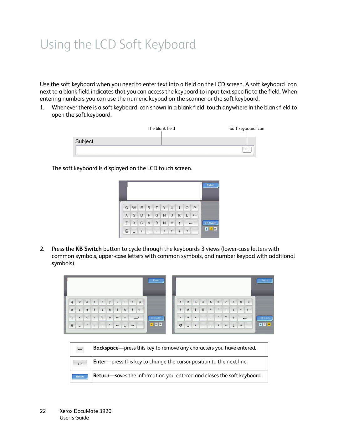 Xerox 3920 manual Using the LCD Soft Keyboard 