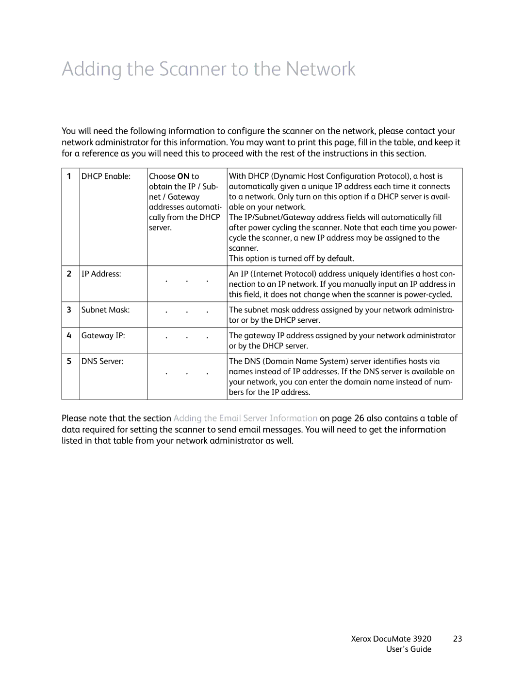 Xerox 3920 manual Adding the Scanner to the Network, IP Address 