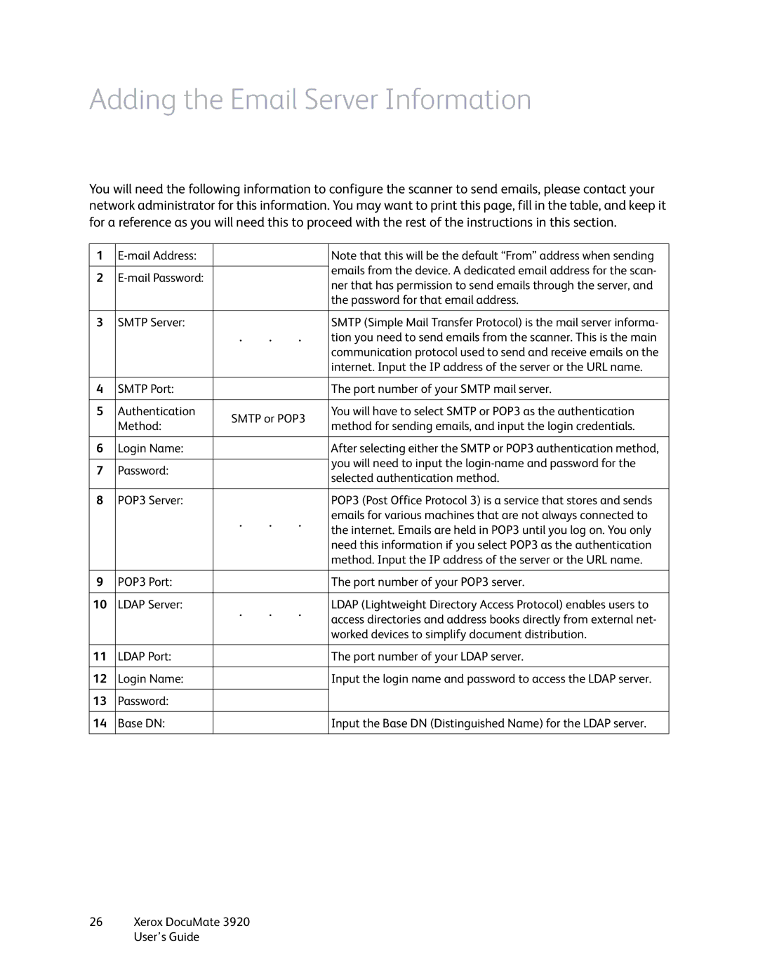 Xerox 3920 manual Adding the Email Server Information, POP3 Port Port number of your POP3 server Ldap Server 