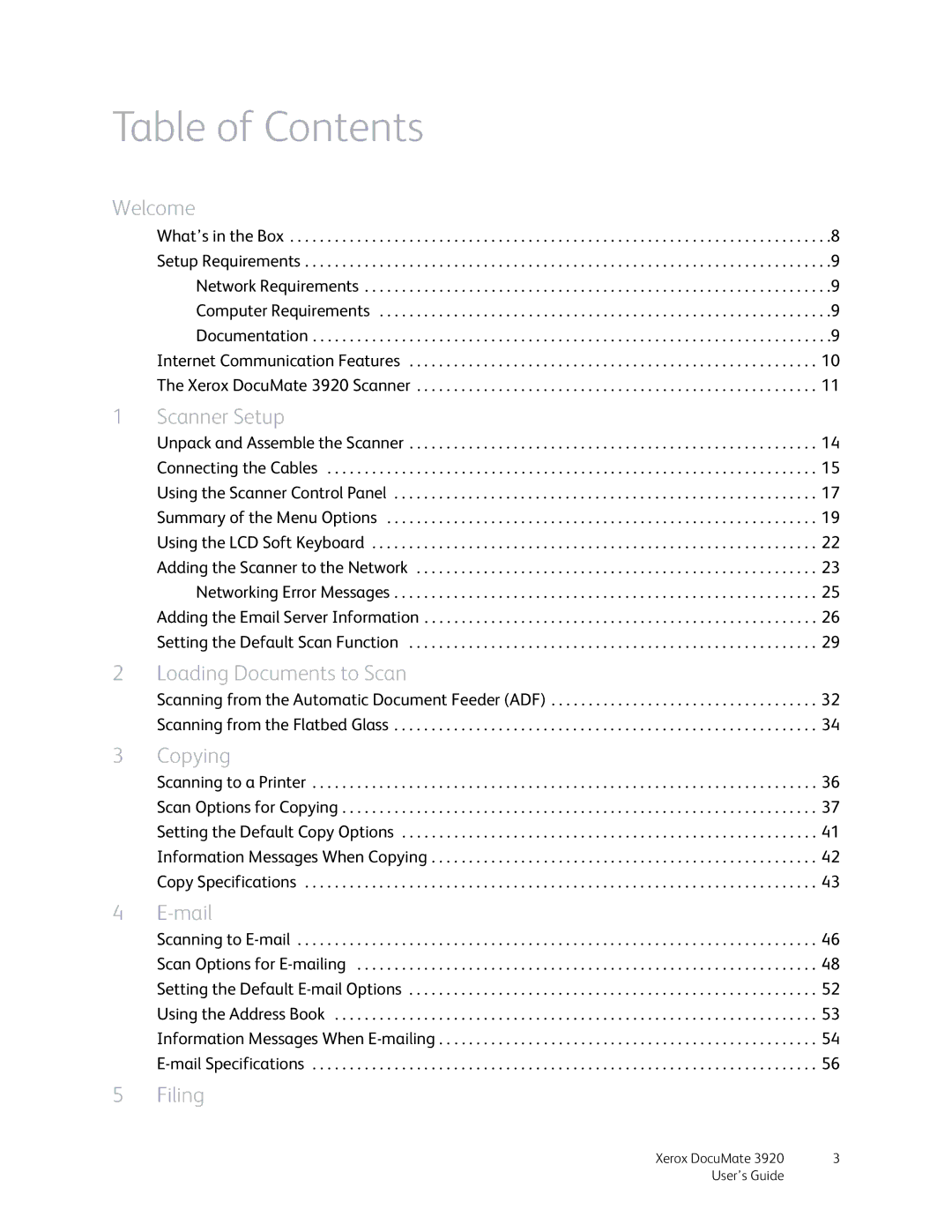 Xerox 3920 manual Table of Contents 