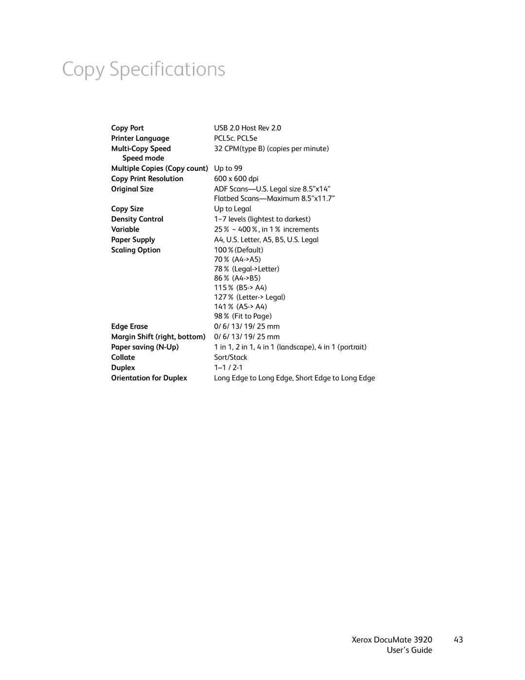 Xerox 3920 manual Copy Specifications, Scaling Option 