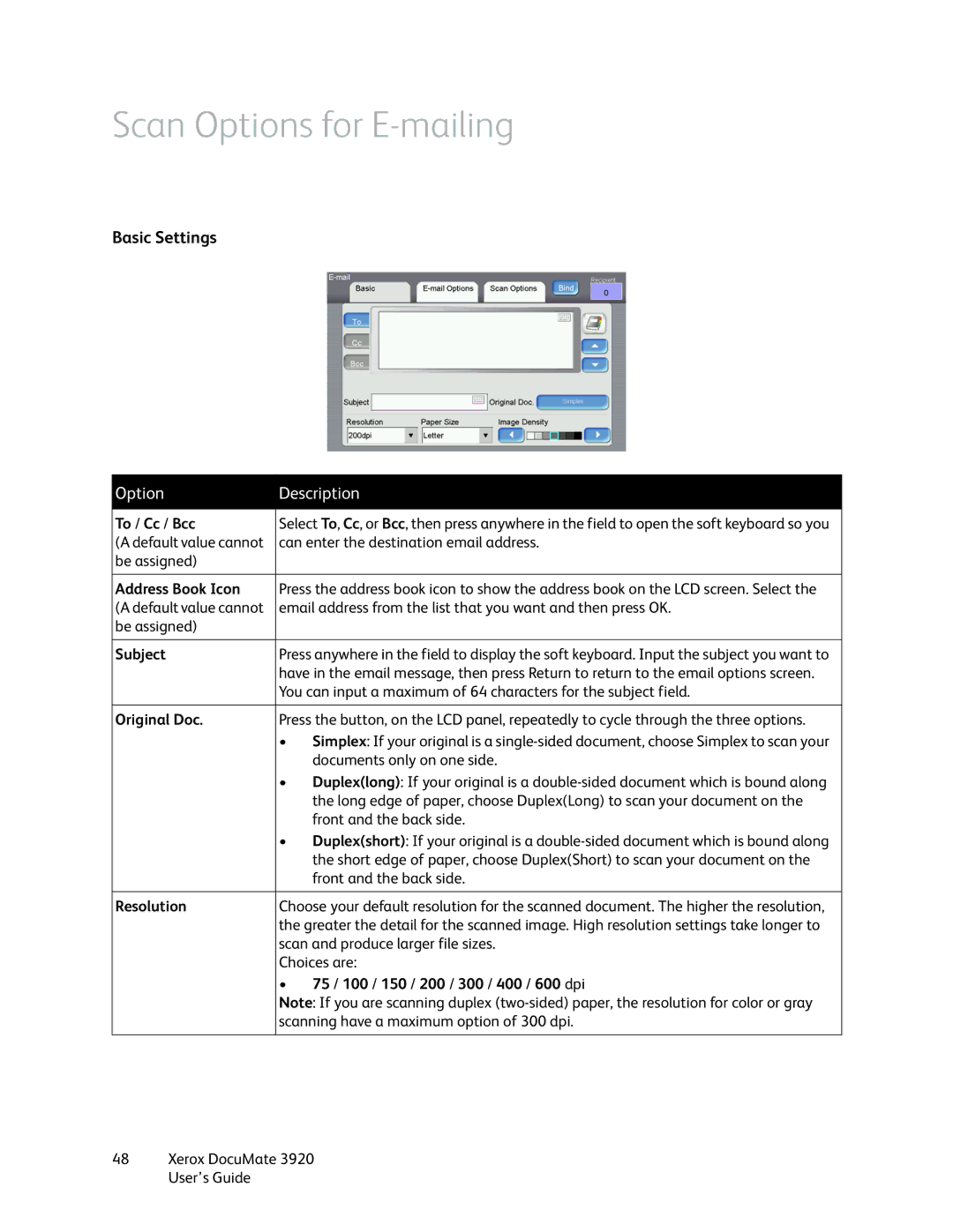 Xerox 3920 manual Scan Options for E-mailing 