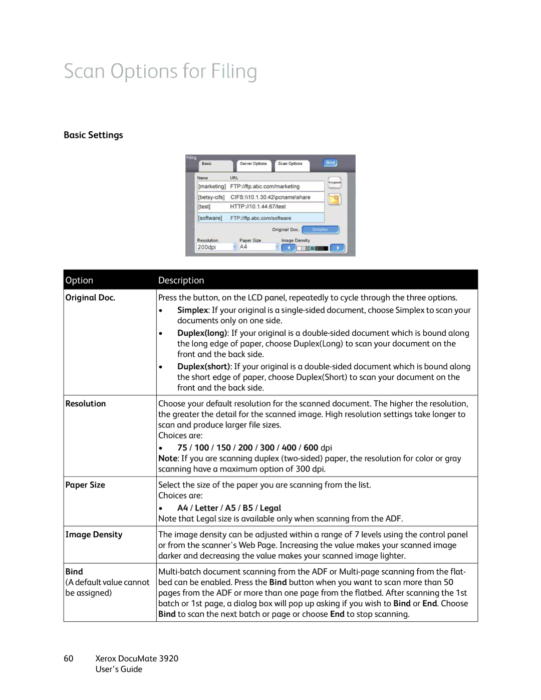 Xerox 3920 manual Scan Options for Filing, Basic Settings 