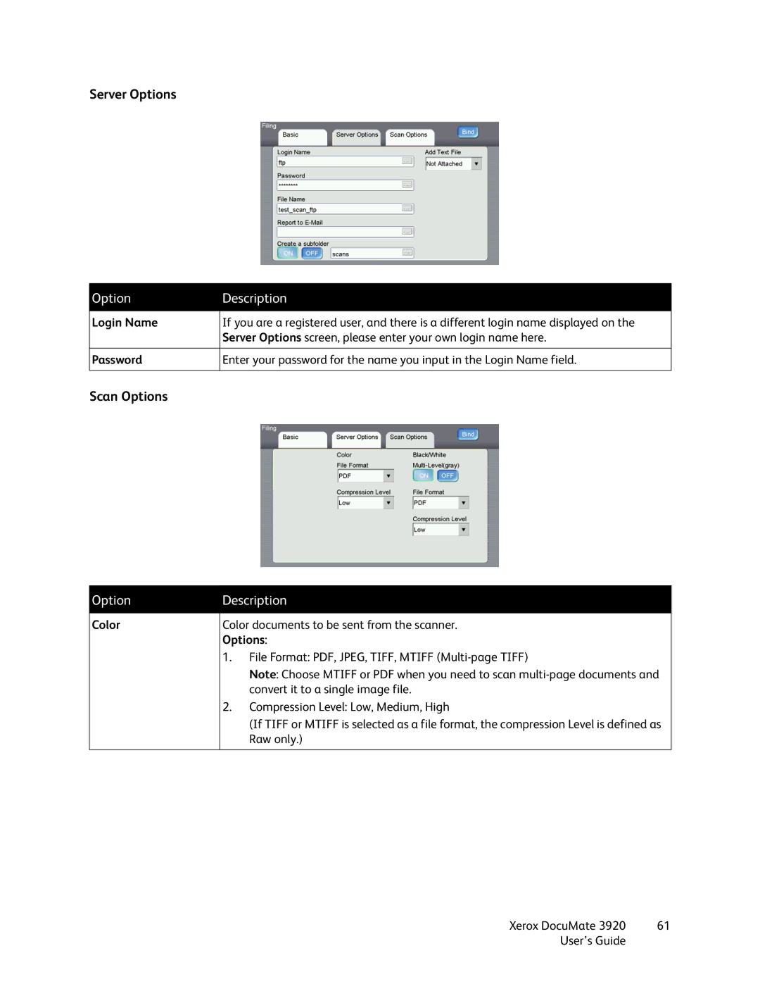 Xerox 3920 manual Server Options, Scan Options 