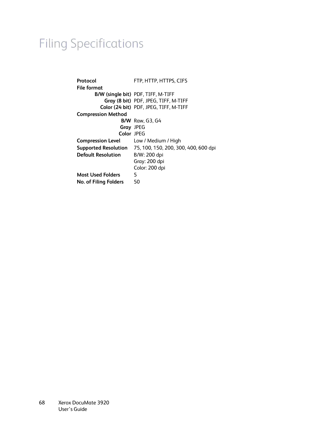 Xerox 3920 manual Filing Specifications 