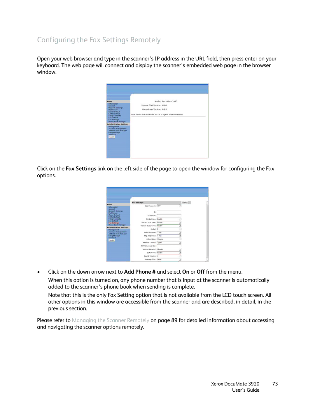 Xerox 3920 manual Configuring the Fax Settings Remotely 