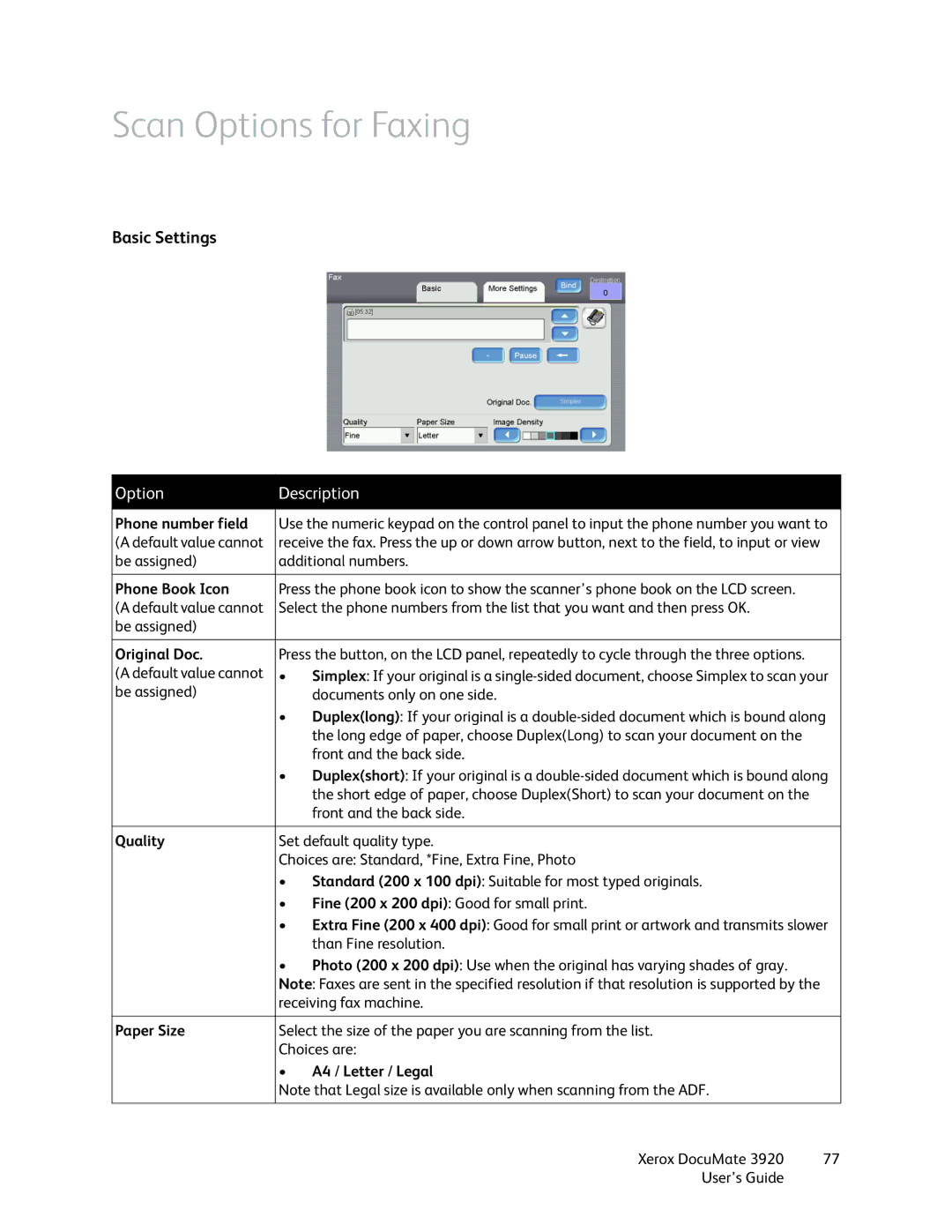 Xerox 3920 manual Scan Options for Faxing, Phone number field, Phone Book Icon, Quality, A4 / Letter / Legal 