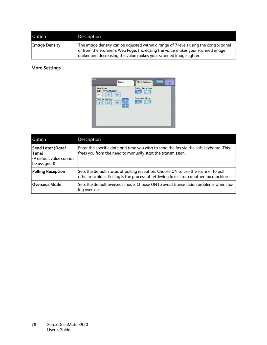 Xerox 3920 manual More Settings, Send Later Date, Time, Polling Reception, Overseas Mode 