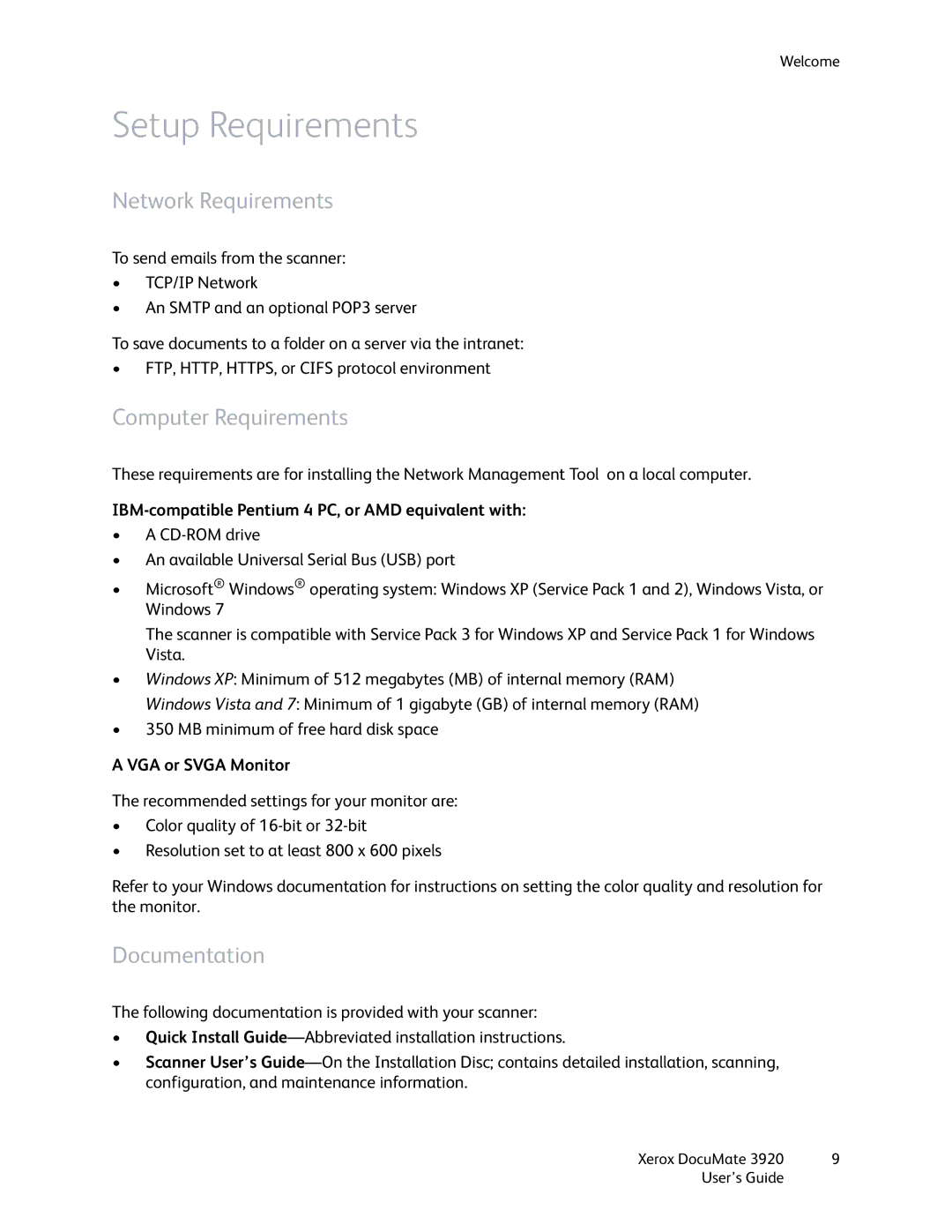 Xerox 3920 manual Setup Requirements, Network Requirements, Computer Requirements, Documentation 