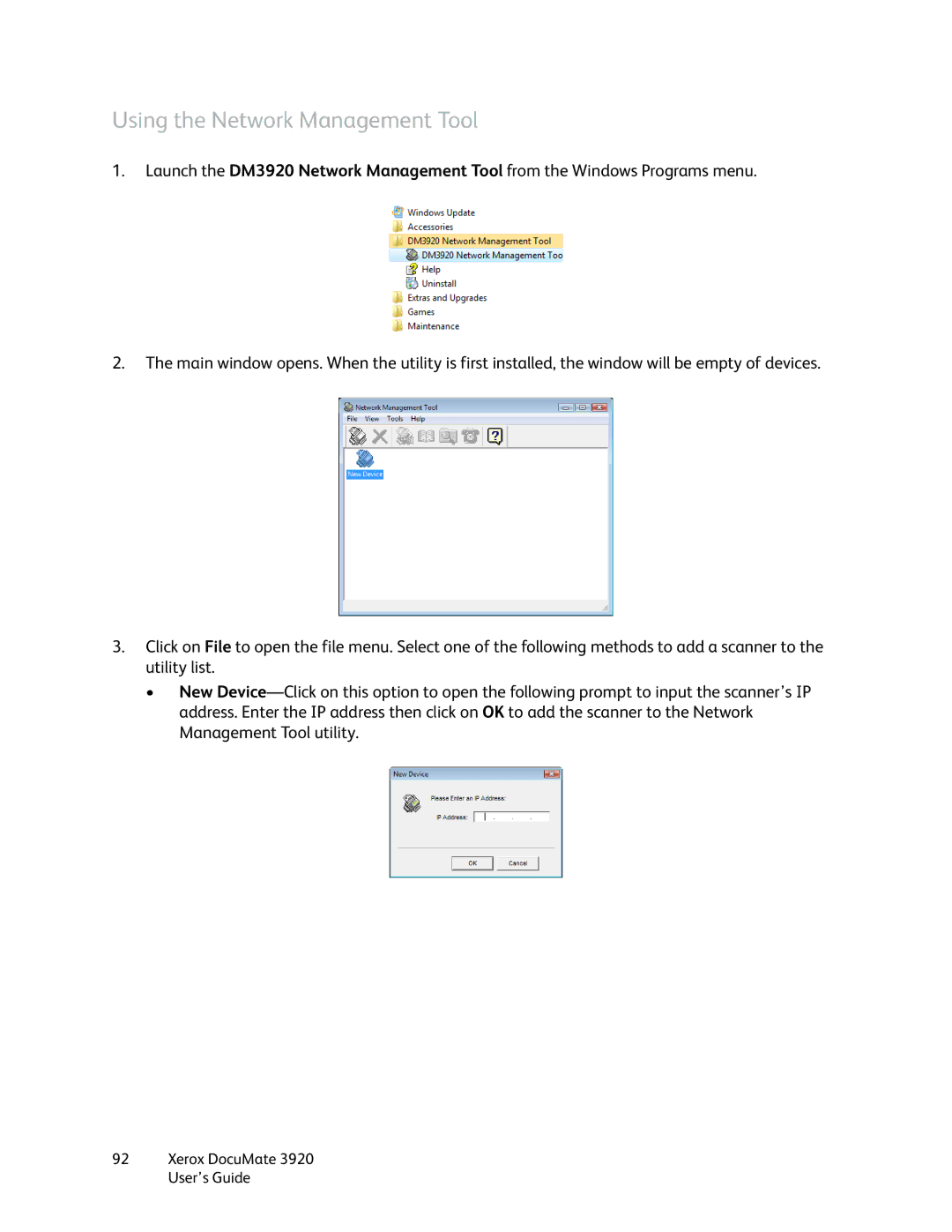 Xerox 3920 manual Using the Network Management Tool 