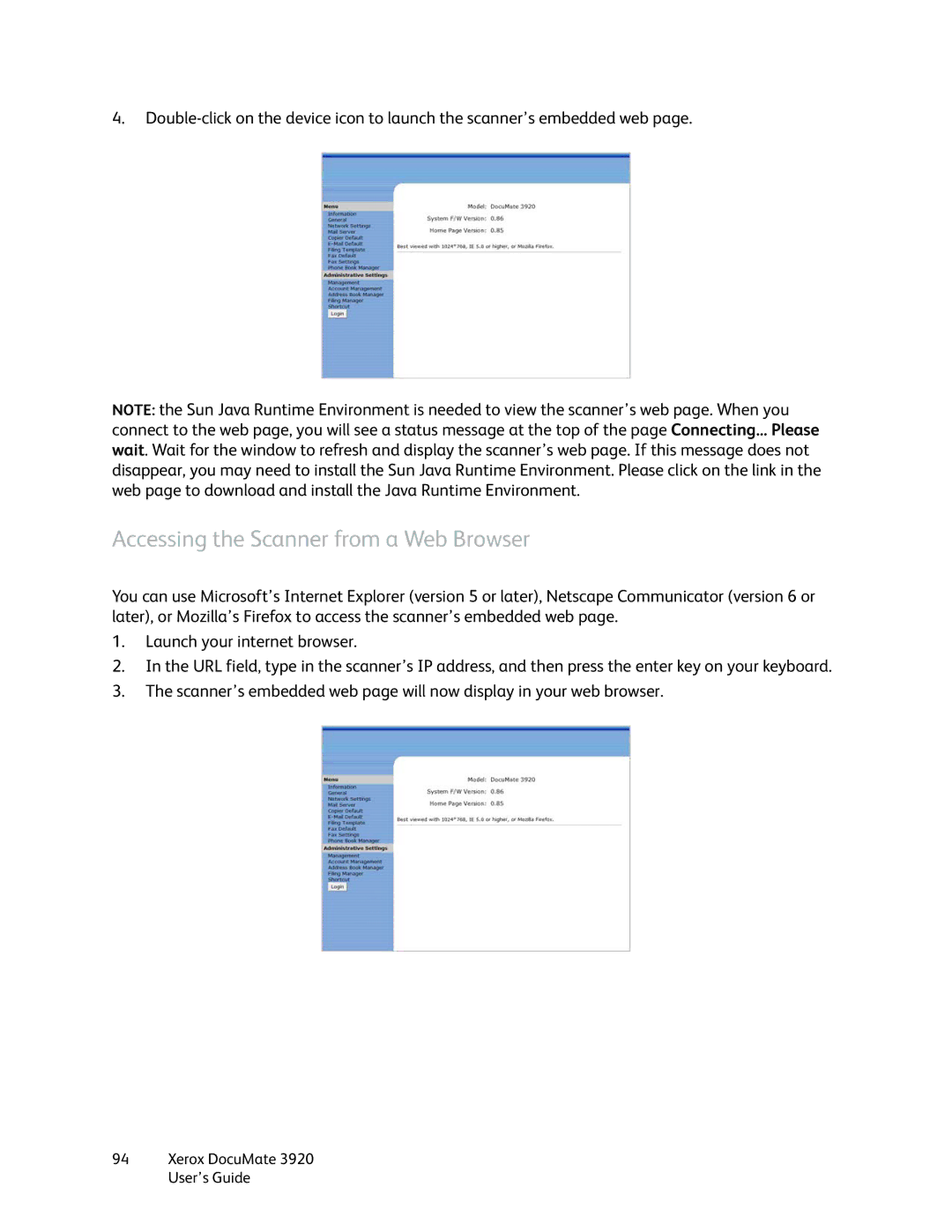 Xerox 3920 manual Accessing the Scanner from a Web Browser 