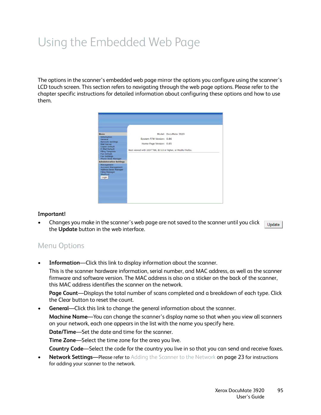 Xerox 3920 manual Using the Embedded Web, Menu Options 